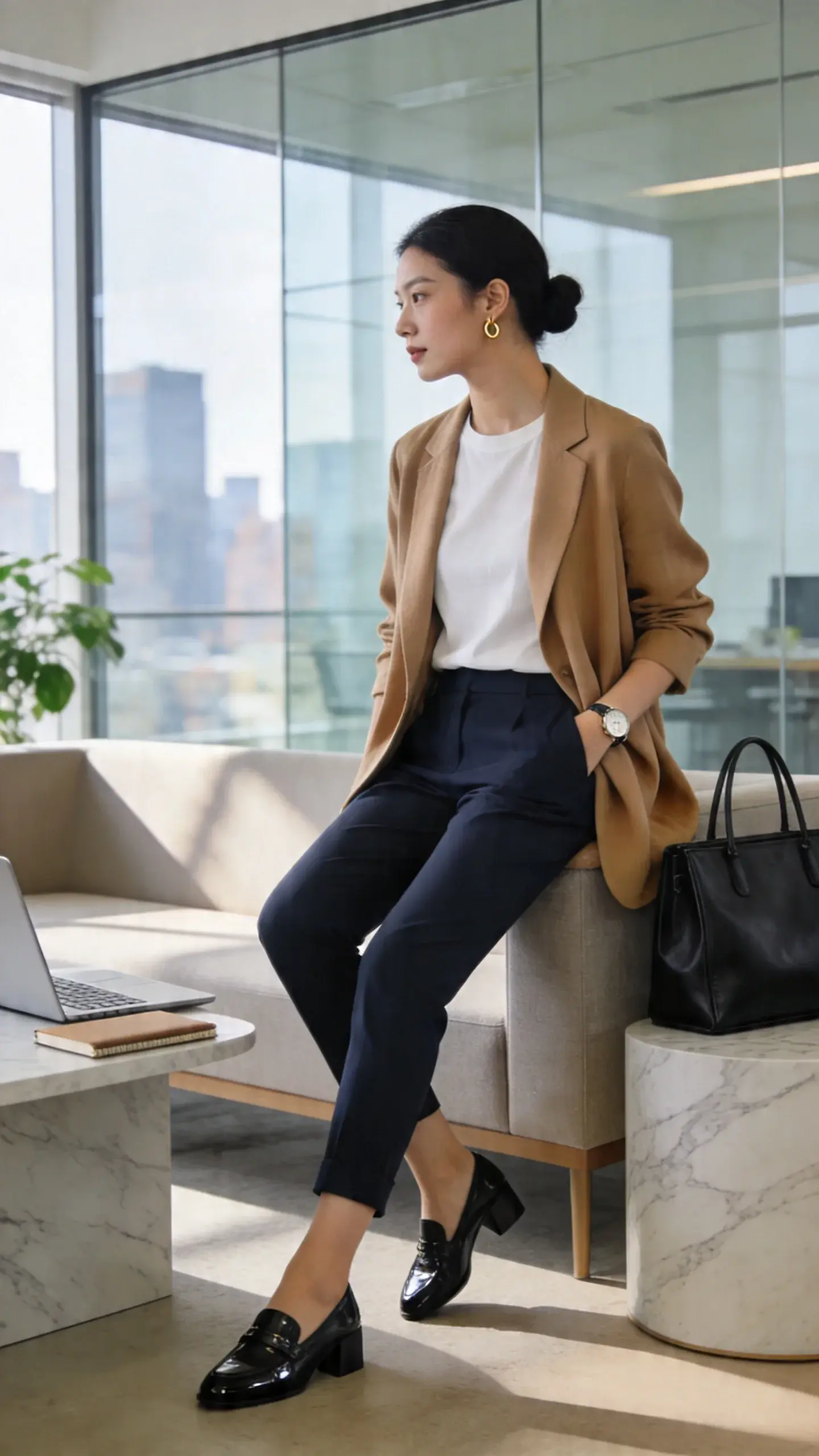 Realistic high-quality fashion photo of a confident professional woman in a modern office lounge, embodying business casual. She’s seated on the edge of a low sofa with a laptop and notebook nearby, mid-turn as if heading to a meeting, natural candid pose. Outfit: relaxed, unlined camel blazer with soft drape over a premium white modal tee with a slightly structured crew neckline, paired with slim ankle trousers in deep navy. Footwear: black low block-heel loafers with subtle shine. Accessories: minimalist small gold hoop earrings, a structured black leather tote with clean lines resting at her side, and a simple watch. Hair: sleek low bun; makeup fresh and natural with soft matte skin. Lighting: bright, diffused daylight from large windows, gentle shadows, color-balanced for a warm, inviting tone. Background: airy, contemporary workspace with neutral palette, glass walls, a hint of city skyline blur, tasteful greenery, and a marble side table—no visible text. Camera: full-body to three-quarter framing at eye level, shallow depth of field to keep focus on outfit textures and drape. Emphasize fabric quality: blazer’s soft weave, tee’s smooth modal finish, crisp tailoring of trousers, polished leather of loafers, and the tote’s structured silhouette. Overall mood: calm, capable, and effortlessly chic.
