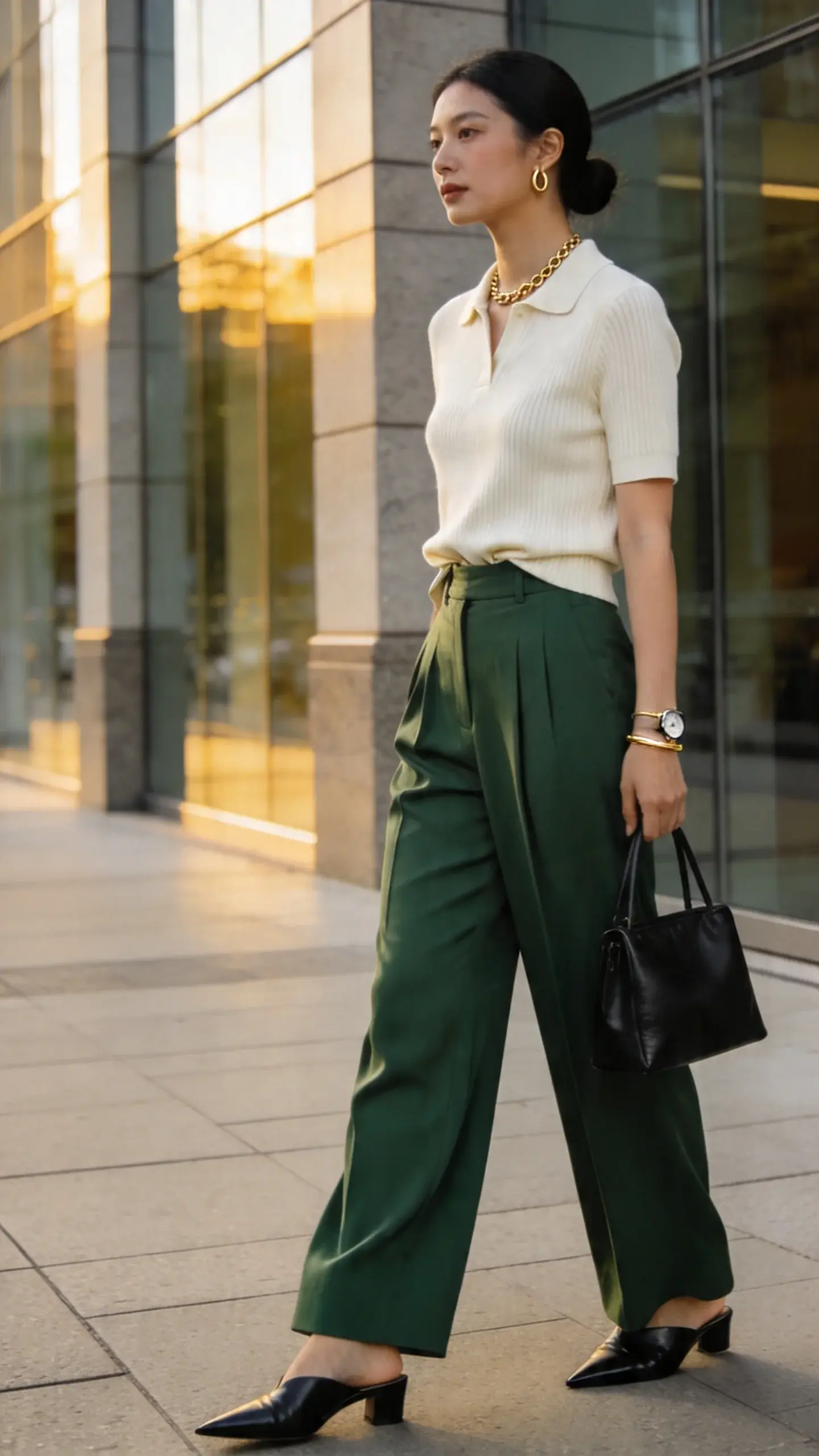 A realistic, high-quality street-style fashion photo of a professional woman in a business casual outfit: she wears a short-sleeve knit polo in creamy off-white, half-tucked to subtly define the waist, paired with high-waisted, forest-green wide-leg trousers with a soft drape and front pleats placed closer together for a lengthening effect; pointed-toe black leather mules; delicate gold chain necklace and a slim gold bangle. She carries a minimalist black leather tote and a slim watch. Natural makeup, neat low bun, small gold hoop earrings. Shot at golden hour outside a modern office building with glass and stone, soft warm light, shallow depth of field, full-body 3/4 angle as she steps forward on a clean city sidewalk. Fabric textures are clearly visible: fine ribbed knit on the polo, fluid crepe-like trousers. Color palette: cream, forest green, black, and gold accents. Photorealistic, editorial-quality, no text, no logos.