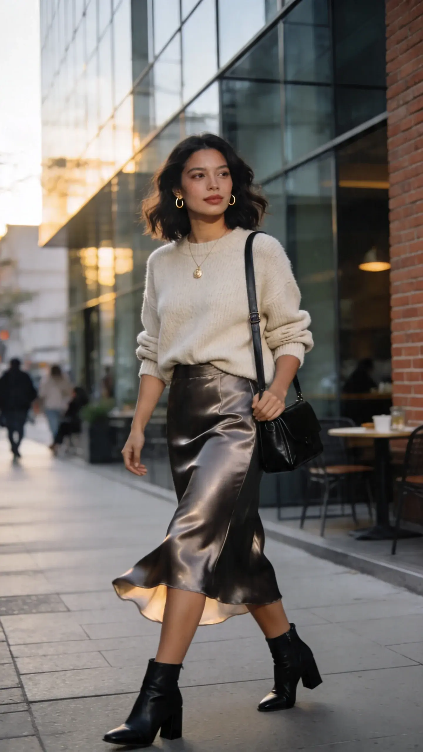 A realistic, editorial-style street-style photo of a business casual woman walking with soft movement in a satin bias-cut midi skirt and chunky knit sweater. The main subject: a woman in her early 30s with shoulder-length wavy dark hair, medium skin tone, subtle glow makeup. She wears a graphite satin midi skirt that catches light with a soft sheen, paired with an oatmeal chunky crewneck sweater lightly front-tucked to define the waist. On her feet: black leather block-heel ankle boots. Accessories: a delicate gold pendant necklace, small gold hoops, and a structured black leather crossbody bag worn on the shoulder. If visible, a smooth line under the skirt suggests slip shorts for a sleek drape. Scene: creative office district sidewalk outside a modern glass-and-brick building, late afternoon golden hour with gentle backlight creating a luxe sheen on the satin. Styling feels luxe, not fussy: relaxed sleeves pushed to mid-forearm, natural stride, light breeze adding movement to the skirt hem. Color palette: graphite, oatmeal, black, muted urban neutrals. Composition: three-quarter body, eye-level, shallow depth of field to blur background pedestrians and café seating. Photographic style: high-resolution, natural light, soft contrast, crisp textures on knit and satin, no text, no logos.