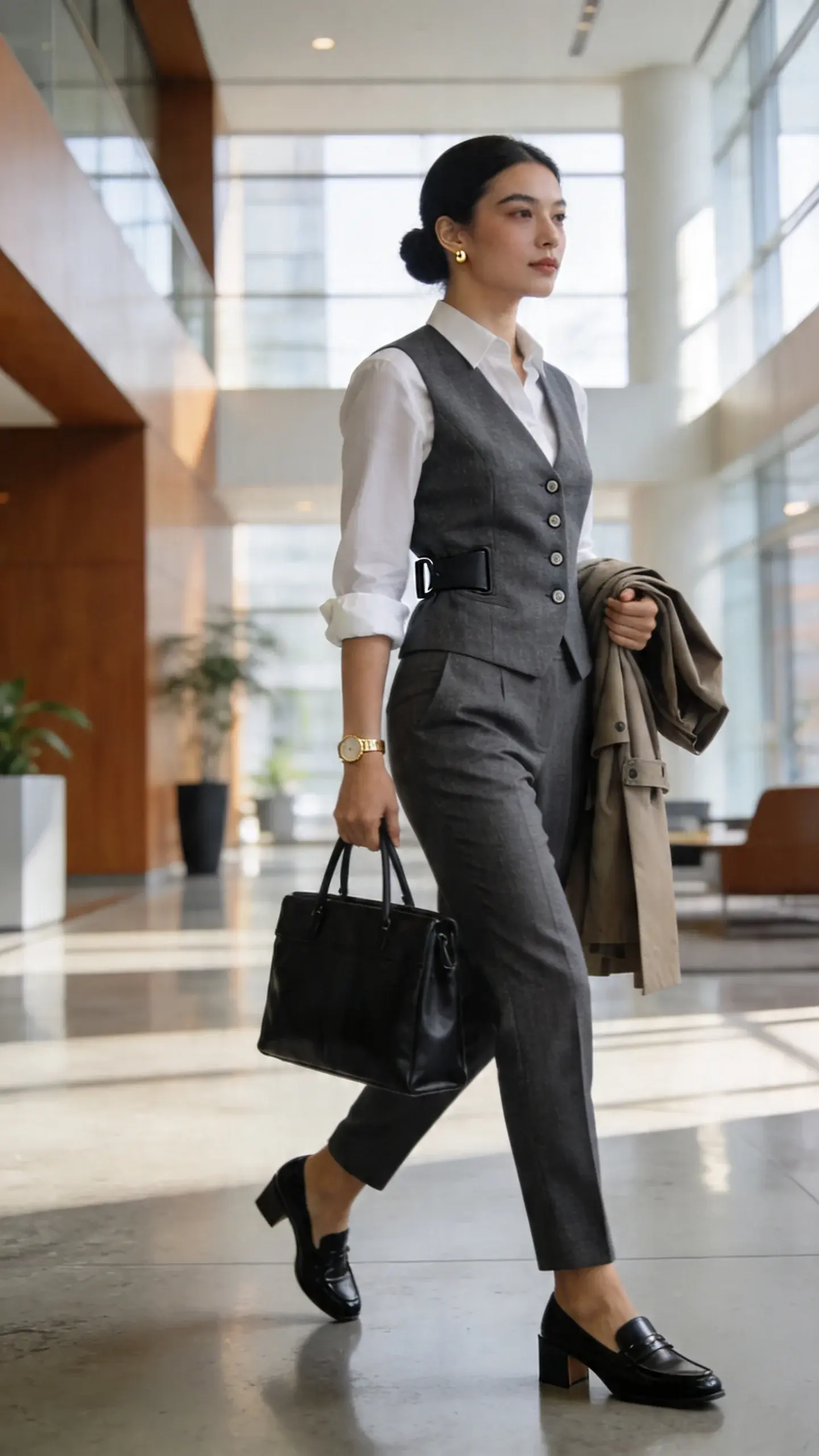 A confident professional woman in a modern office lobby wearing a tailored vest set instead of a blazer: charcoal gray, slightly textured tailored vest with an adjustable back tab, buttoned neatly at her natural waist to create shape, paired with matching high-waisted straight-leg trousers that skim the shoe. Under the vest, a crisp white button-up shirt sized up slightly for relaxed ease, cuffs peeking subtly at the wrist. Footwear: sleek black leather loafers with a low stacked heel. Accessories: small gold stud earrings and a slim minimal gold watch; no necklace. Hair in a smooth low bun, natural makeup with soft matte skin and defined brows. She carries a structured black leather tote in one hand and a folded trench over the other arm. Setting: airy, sunlit corporate atrium with polished concrete floors, warm wood accents, and a few modern plants; soft natural light from floor-to-ceiling windows creates gentle highlights on the suiting fabric. Composition: three-quarter vertical shot, eye-level, slight movement as she steps forward, confident but approachable expression. Photorealistic, high detail, shallow depth of field, 50mm lens look, balanced neutral color palette, no text.