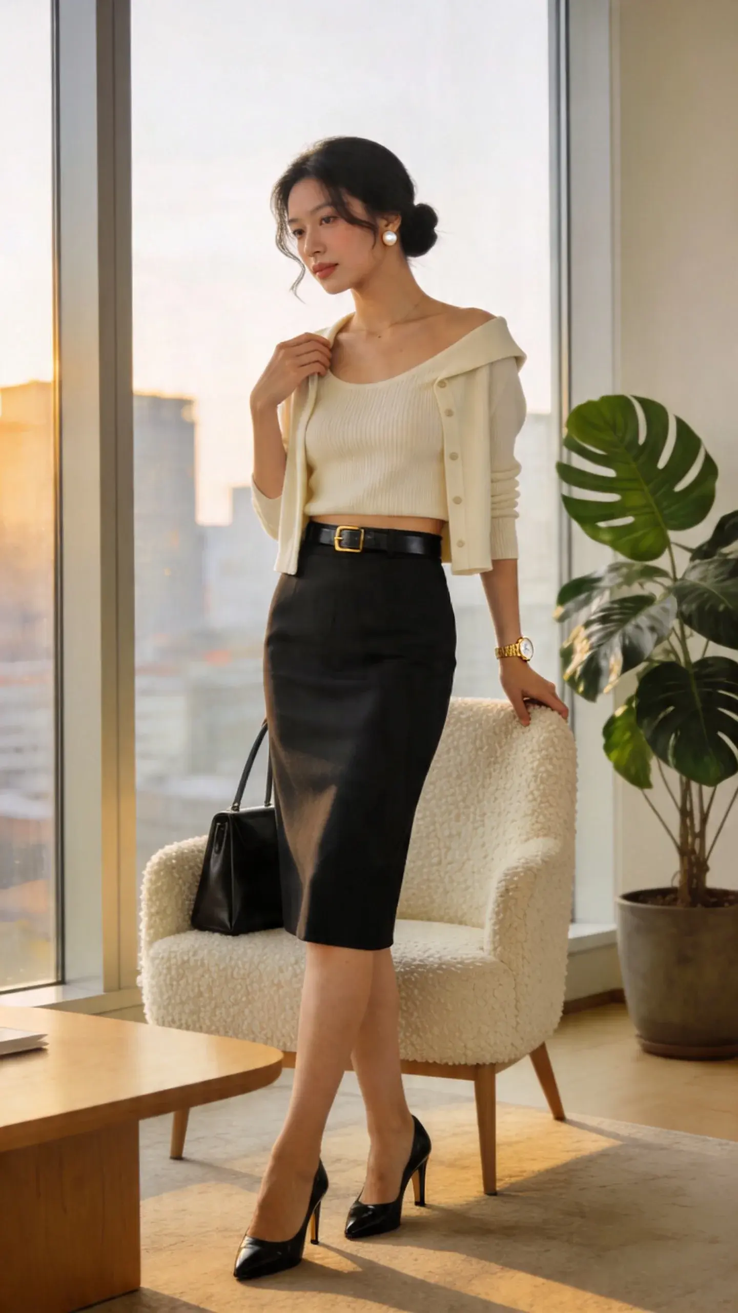 Realistic high-quality fashion photograph of a professional woman in a modern office lounge, styled in a business casual look centered on a cropped cardigan set. She wears a coordinated fine-gauge knit shell and a cropped cardigan in soft ivory; the cardigan is unbuttoned and subtly shrugged off one shoulder for relaxed ease. Pair with a high-rise black pencil skirt that hits mid-knee, smooth and structured. Footwear: black leather slingback heels with a modest heel. Accessories: small pearl stud earrings, a slim black leather belt with a minimal gold buckle, and a delicate gold watch. Her hair is in a low, polished bun with soft face-framing pieces, natural makeup with a satin skin finish and nude lip. She stands in soft window light near floor-to-ceiling glass, a neutral palette interior with a light oak coffee table, cream boucle armchair, and a potted fiddle-leaf fig in the background; city blur outside. Pose: relaxed, one hand lightly adjusting the cardigan edge, the other holding a slim leather tote resting on the chair back. Emphasize luxe textures—the fine knit ribbing, smooth skirt fabric, supple leather shoes and belt. Shallow depth of field, 50mm lens look, golden-hour natural light, true-to-life colors, editorial street-style-meets-office vibe, no text.