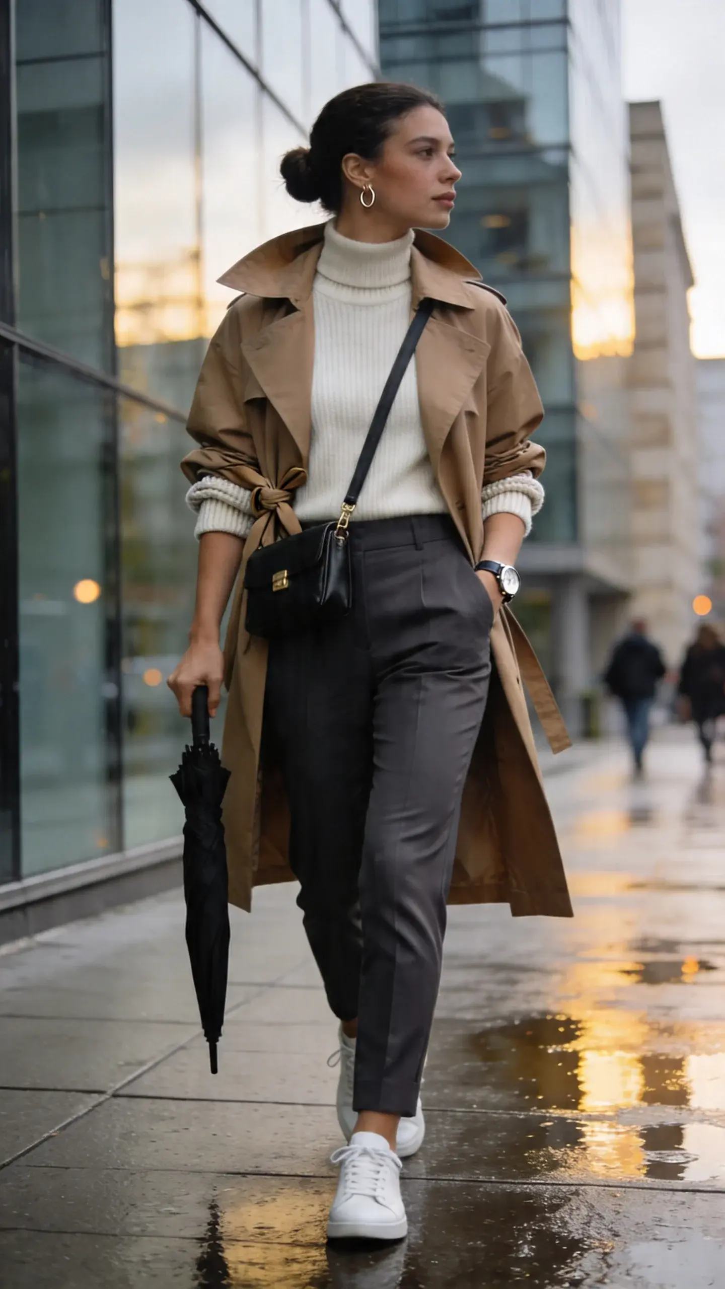 Realistic high-resolution street-style photo of a confident business casual woman in her early 30s walking on a damp city sidewalk after light rain, overcast golden-hour light reflecting off puddles. She wears a relaxed, lightweight tan trench coat worn open with the belt knotted at the back for shape, over a fine-gauge ivory turtleneck knit, paired with mid-rise straight-leg charcoal trousers in a subtle tech-fabric sheen. Footwear: clean white leather sneakers. Accessories: structured black leather crossbody with minimal gold hardware worn across the body, slim watch, small hoop earrings, and a compact black collapsible umbrella in hand (no logos). Hair in a neat low bun, natural makeup with a soft matte finish. Trench collar slightly popped, sleeves casually pushed up to reveal the knit cuffs. Layers are thin and streamlined to avoid bulk. Background: modern glass-and-stone office buildings with soft reflections, a few out-of-focus commuters, wet pavement bokeh. Photographic style: candid fashion editorial, shallow depth of field, 50mm perspective, soft diffused lighting, true-to-life color, crisp textures on trench fabric and knit. No text.