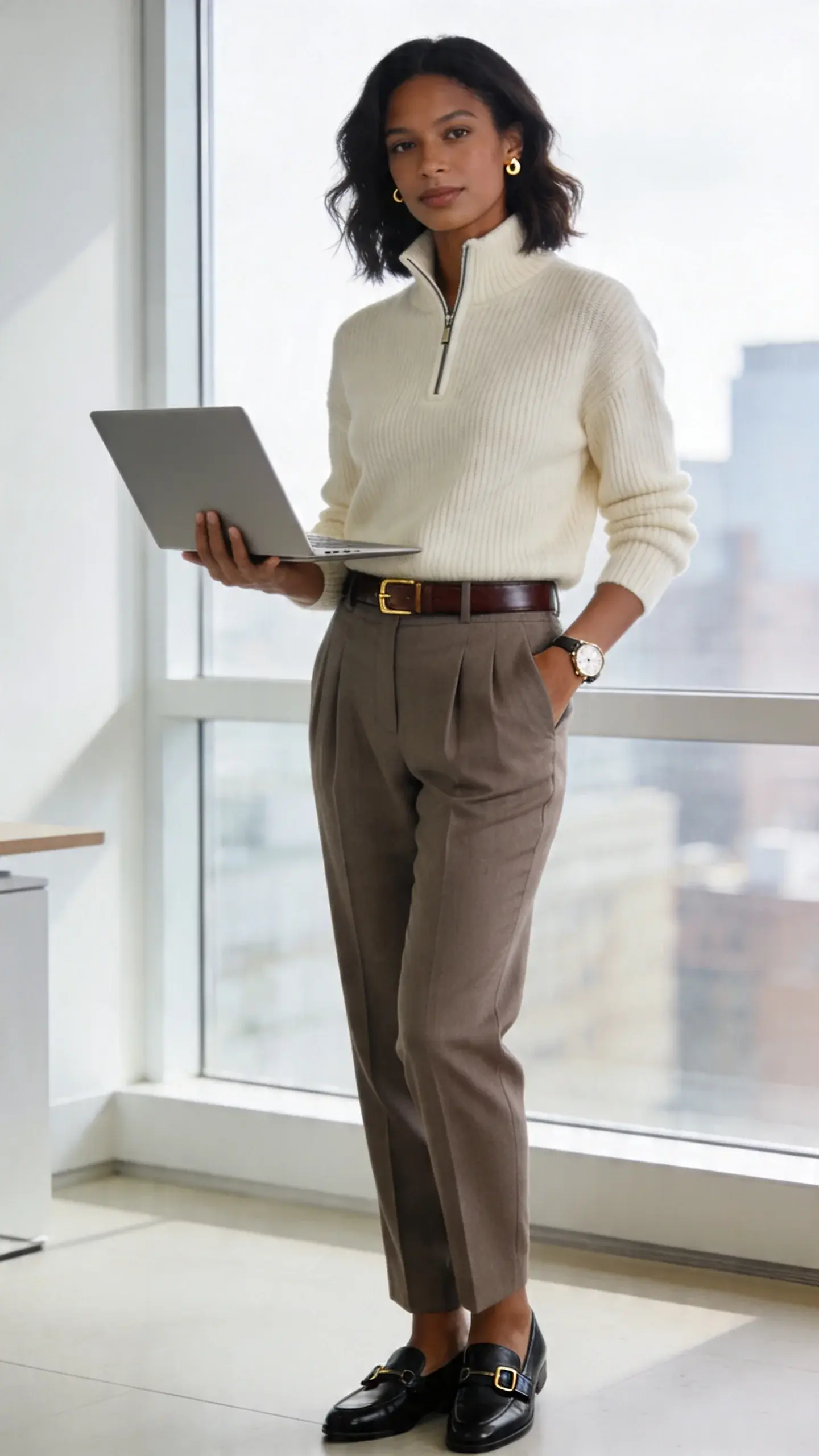 Realistic, high-resolution fashion photo of a confident professional woman in a business casual setting, mid-30s, medium-dark skin tone, natural makeup, shoulder-length softly waved hair. She stands in a bright, modern office near a large window with soft daylight, blurred cityscape beyond. Outfit: a midweight ivory collared quarter-zip knit sweater (zip halfway, structured collar standing neatly), fully tucked into high-rise, single-pleat taupe wool-blend trousers with a gentle drape; slim dark brown leather belt with a subtle gold buckle; polished black leather loafers with a minimal penny strap; tiny gold stud earrings; simple, elegant watch. She holds a slim laptop in one hand, the other casually in a pocket, projecting “I’m on it” energy. Styling details: clean front tuck for structure, smooth belt anchoring the waist, crisp pleat line, no logos. Lighting is soft and natural with slight rim light from the window, creating flattering skin tones and gentle shadow depth. Composition: three-quarter length, slight angle, shallow depth of field to keep focus on the outfit textures—knit ribbing, wool pleats, leather sheen. No text, hyper-real, editorial quality.