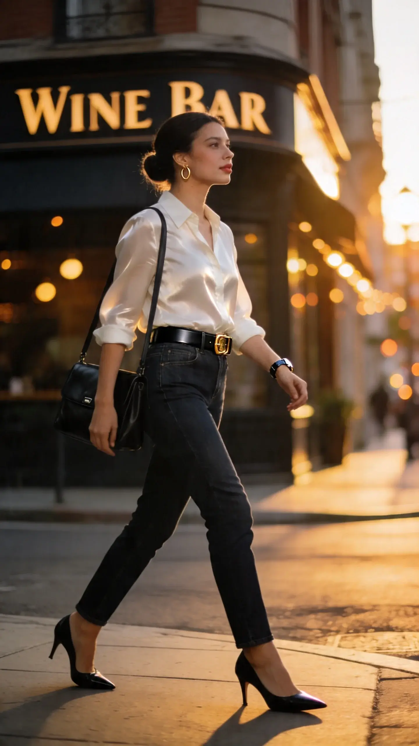 Realistic high-quality street-style photo at golden hour of a confident professional woman in a business-casual look, walking out of a modern office building toward a chic wine bar sign in the background. She wears dark indigo, clean, non-distressed straight-leg jeans with minimal stretch that hold their shape, a tucked-in ivory silk blouse with a subtle sheen, and a slim black leather belt with a polished gold buckle to define the waist. Footwear: black pointed-toe mid-heel pumps. Accessories: structured black leather shoulder bag with minimal hardware, delicate gold hoop earrings, and a simple watch. Hair in a sleek low bun, natural glowing makeup with soft nude lip. She’s mid-stride on a city sidewalk, soft backlight creating a gentle rim light on her silhouette and a realistic bokeh of evening lights hinting at after-hours. Color palette: deep indigo, ivory, black, gold accents. Emphasize sharp tailoring, texture contrast between denim and silk, and refined, put-together vibe. Shot on a full-frame camera, 85mm lens, shallow depth of field, editorial fashion photography, no text.
