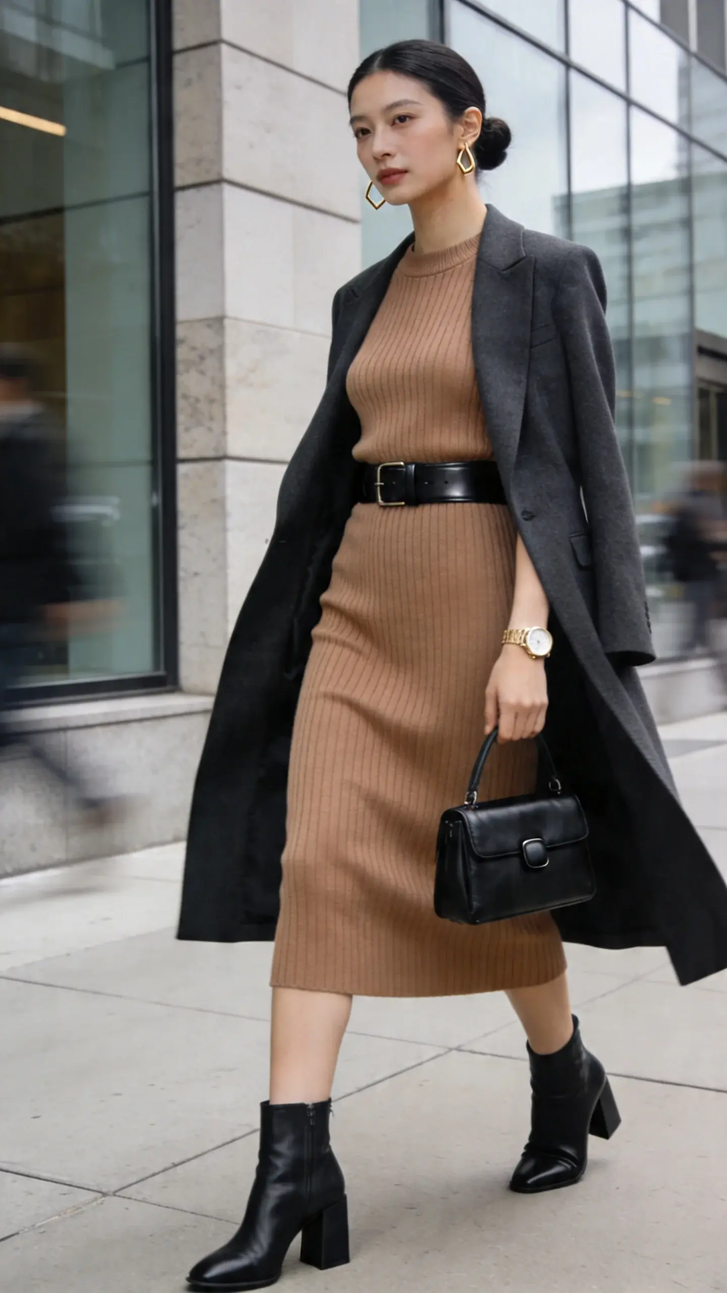 Realistic high-fashion street-style photo of a woman in a business casual look: she wears a ribbed knit midi column dress in warm taupe with a modest crew neckline and medium-weight ribbing that gently skims the body, cinched with a sleek black leather belt at the natural waist; layered with a charcoal longline blazer draped open. Footwear: black leather ankle boots with a mid block heel. Accessories: small geometric gold hoop earrings, slim gold watch, and a compact structured black tote with minimal hardware. Hair is a smooth low bun; soft natural makeup with a satin finish. Setting: clean modern city sidewalk outside a glass-and-stone office building in soft overcast morning light, subtle motion blur of passersby for realism, shallow depth of field to keep focus on outfit textures (ribbing, leather, tailoring). Color palette: neutrals and black with warm skin tones; no logos, no text. Shot full-length at a slight angle, eye-level perspective, high-resolution editorial quality.