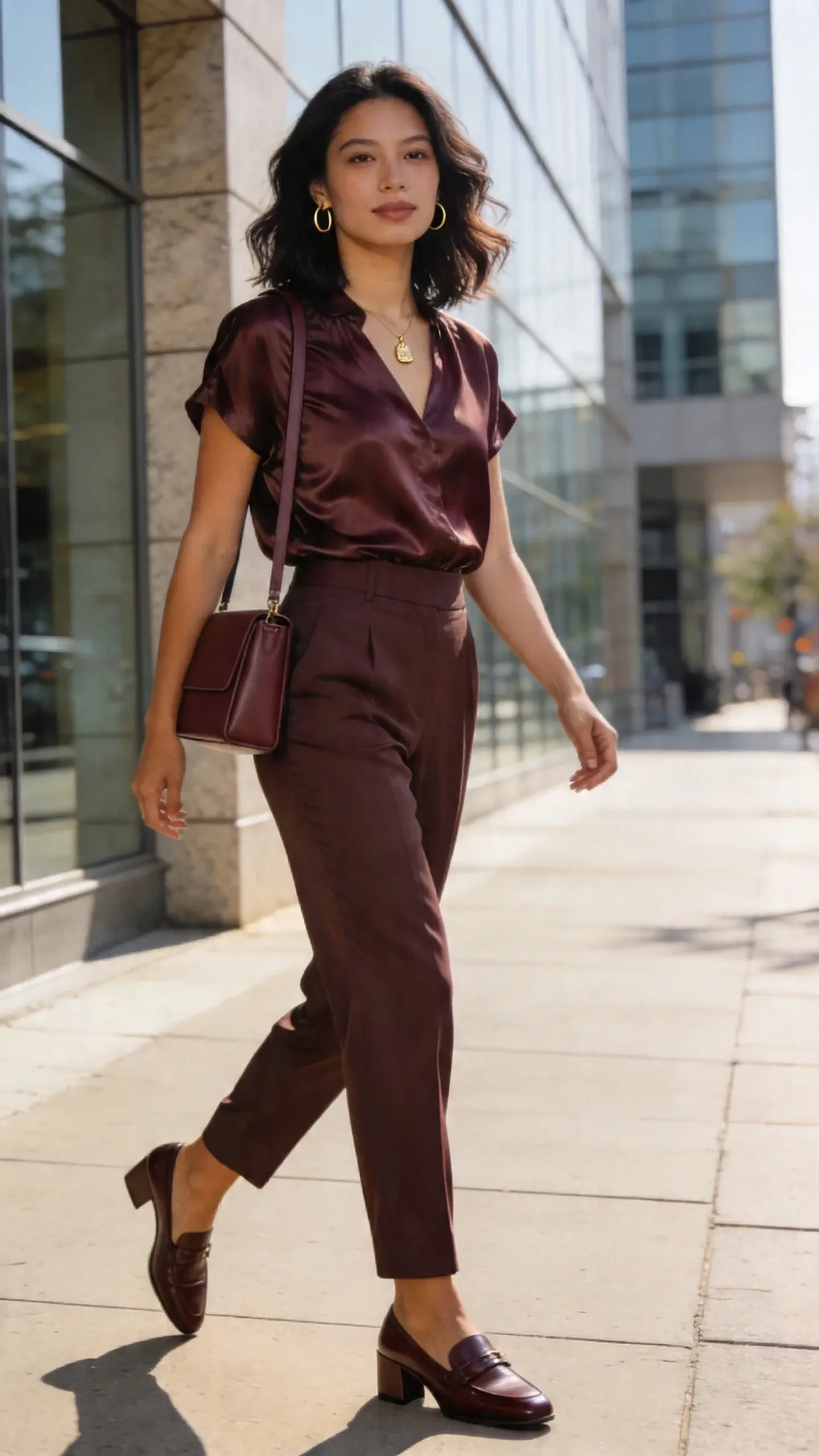 Realistic street-style fashion photograph of a professional woman on her Tuesday commute, showcasing an elevated monochrome work outfit. She is an early-30s office professional with warm medium skin tone, shoulder-length softly waved dark hair, minimal polished makeup, and a confident, relaxed posture. She wears a matching monochrome set in deep taupe: a silky, fluid short-sleeve blouse tucked into high-waisted, tailored matte trousers in the same shade family. On her feet: sleek low block-heel leather loafers in coordinating taupe. Accessories: a delicate gold pendant necklace, slim gold hoop earrings, and a boxy, structured crossbody satchel in tonal taupe with clean lines worn on the shoulder. Emphasize mixed textures within the same color—silky sheen of the blouse contrasted with the matte drape of the trousers and smooth leather of the loafers and bag. She’s mid-stride on a sunlit city sidewalk near modern office buildings with glass and stone, soft morning light creating natural highlights and crisp shadows. Background softly blurred for depth of field, neutral urban palette to let the monochrome outfit read luxe and intentional. Composition framed waist-up to full length, candid editorial vibe, high-resolution, natural color grading, no logos or text.