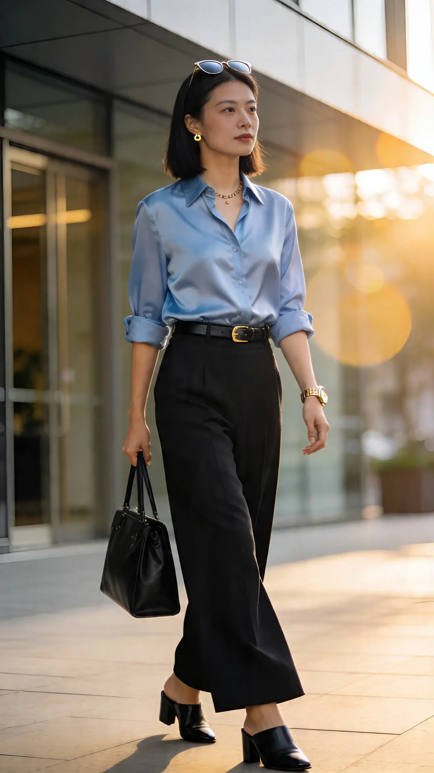 Realistic street-style fashion photo of a professional woman in her early 30s (medium skin tone, shoulder-length sleek dark hair) confidently walking outside a modern office building at golden hour. She wears a crisp light-blue silk button-down with a clean half-tuck into high-waisted, wide-leg black wool trousers that skim the floor. Footwear: black leather block-heel mules. Accessories: slim black leather belt with a subtle gold buckle, a classic gold watch, and tiny gold stud earrings. She carries a structured black leather tote in one hand and light sunglasses pushed up on her head. The shirt sleeves are neatly rolled to mid-forearm, collar relaxed, a hint of delicate chain necklace just visible. Lighting is soft and warm with natural sun flare, shallow depth of field, and creamy bokeh of glass-and-steel architecture and planters in the background. Emphasis on clean lines, impeccable tailoring, and texture contrast between the silk shirt and wool trousers. Color palette: light blue, black, gold accents. Photographed at eye level, 50mm lens look, editorial quality, no text.