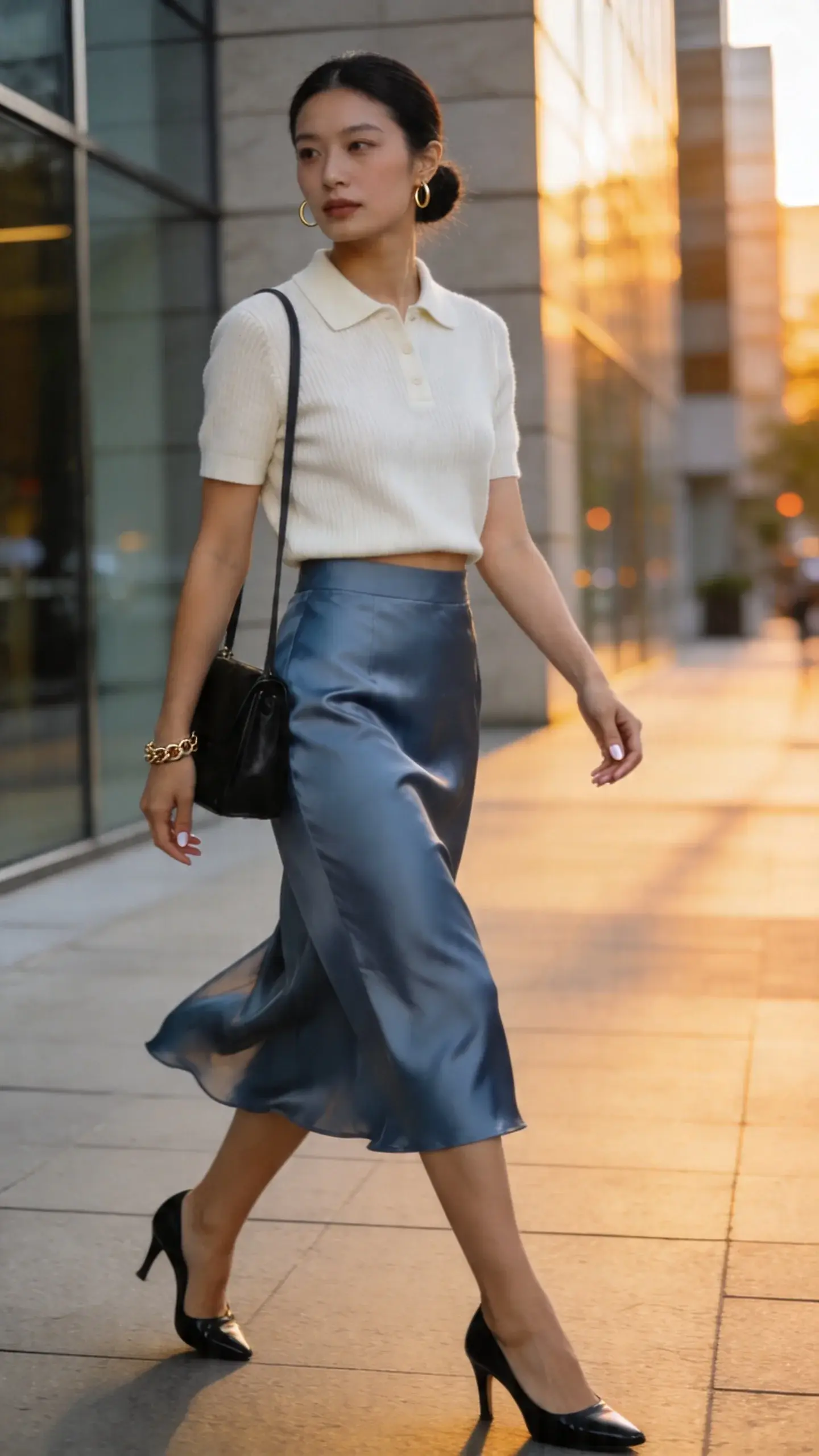 Realistic high-fashion street-style photo of a professional woman in a modern office-district sidewalk at golden hour, wearing a soft matte knit polo (short-sleeve, slightly cropped, ivory) tucked into a swishy satin midi skirt (bias-cut, muted slate blue) that moves gently as she walks. Footwear: black leather slingback heels with a modest heel. Accessories: fine gold chain bracelet, minimalist black leather shoulder bag under her arm, small gold hoop earrings. Hair: sleek low bun. Makeup: clean, natural. Nails: neutral. She’s mid-stride, relaxed and confident, glancing slightly off-camera. Lighting warm and flattering with soft shadows; background shows glass-and-stone corporate buildings softly blurred (bokeh). Color palette understated and cohesive; matte knit contrasts with the satin sheen of the skirt. Subtle wind adds motion to the skirt. Photographed on a 50mm lens, shallow depth of field, ultra-realistic, editorial quality, no text.