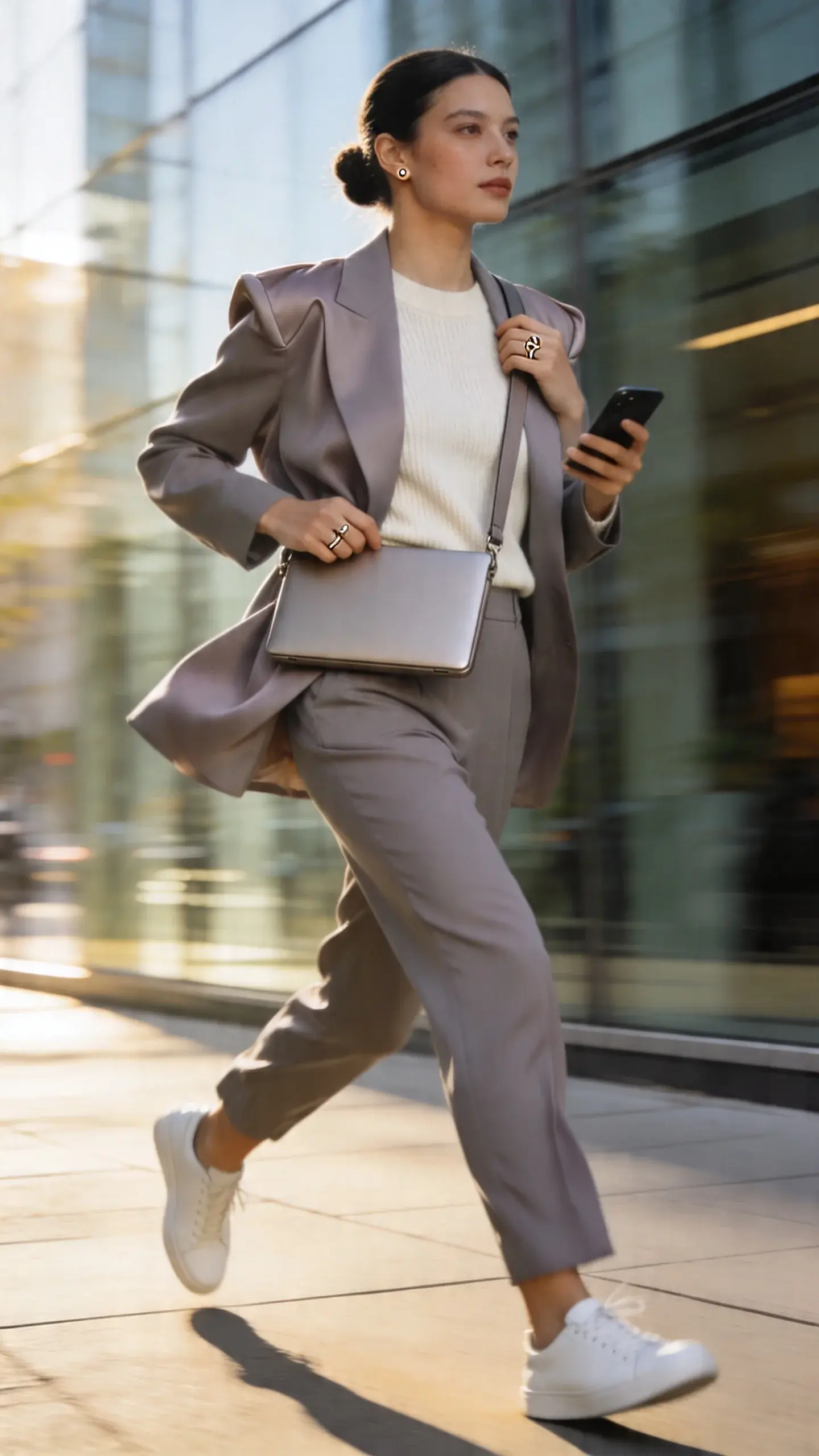 Full-body, realistic photo of a modern professional woman in a soft, unstructured suit with clean leather sneakers, walking briskly on a sunlit city sidewalk near glass office buildings. She wears a drapey, single-breasted blazer and matching straight, ankle-grazing trousers in a muted taupe or soft dove gray, paired with a fine-gauge ivory crewneck knit tucked neatly. Crisp white low-profile leather sneakers. A slim crossbody laptop bag in tonal leather sits across her torso, resting at the hip. Subtle jewelry: a small signet ring and thin stacking ring, delicate studs. Hair is neatly pulled back in a low bun, minimal natural makeup. The suit fits relaxed but tailored—fluid drape, clean shoulders, no slouch. Candid stride, one hand adjusting the strap, the other holding a phone. Background softly blurred with motion to imply speed and purpose; warm morning light, soft shadows. High-resolution, editorial street-style fashion photography, shallow depth of field, true-to-life colors, no text.