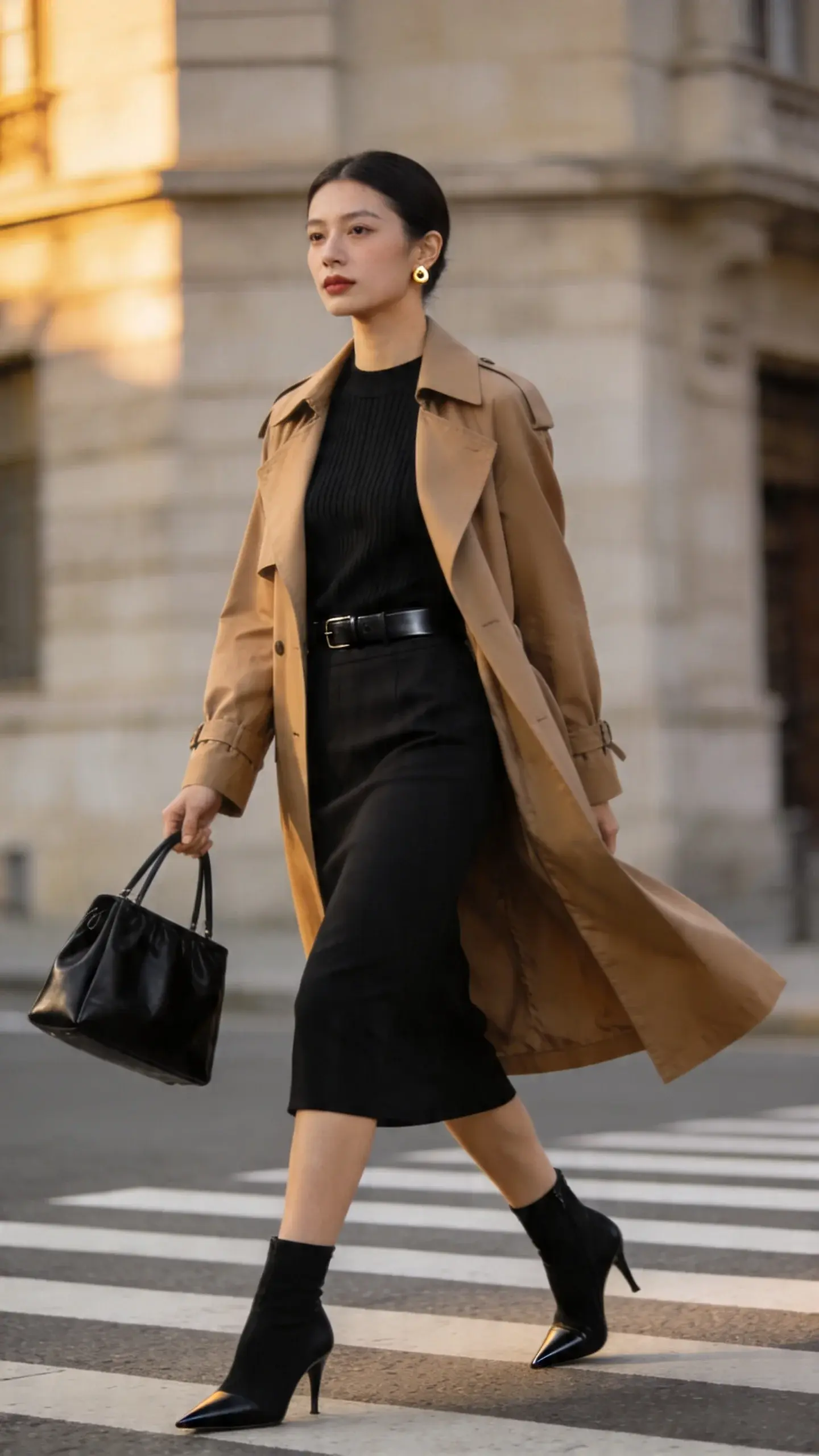 Full-body, street-style photograph of a professional woman commuting in a city, captured at golden hour with soft, directional light and a shallow depth of field. She wears a lightweight tan trench coat left open over a tonal black base: a slim ribbed black knit top tucked into a black column midi skirt that skims the calves. On her feet are sleek black heeled ankle boots with a pointed toe. A thin black leather belt subtly defines the waist under the trench. Accessories are minimal: small gold stud earrings and a structured black leather tote carried in-hand. Hair is smooth and tucked behind the ears; natural makeup with a satin finish. She strides confidently across a crosswalk; the trench moves fluidly to emphasize a long, lean vertical line. Background shows softly blurred urban architecture and neutral stone buildings; color palette is tan, black, and warm neutrals. Cinematic, practical, seasonless vibe; realistic textures (gabardine trench, fine-gauge knit, polished leather), high-resolution, natural color grading, no logos, no text.