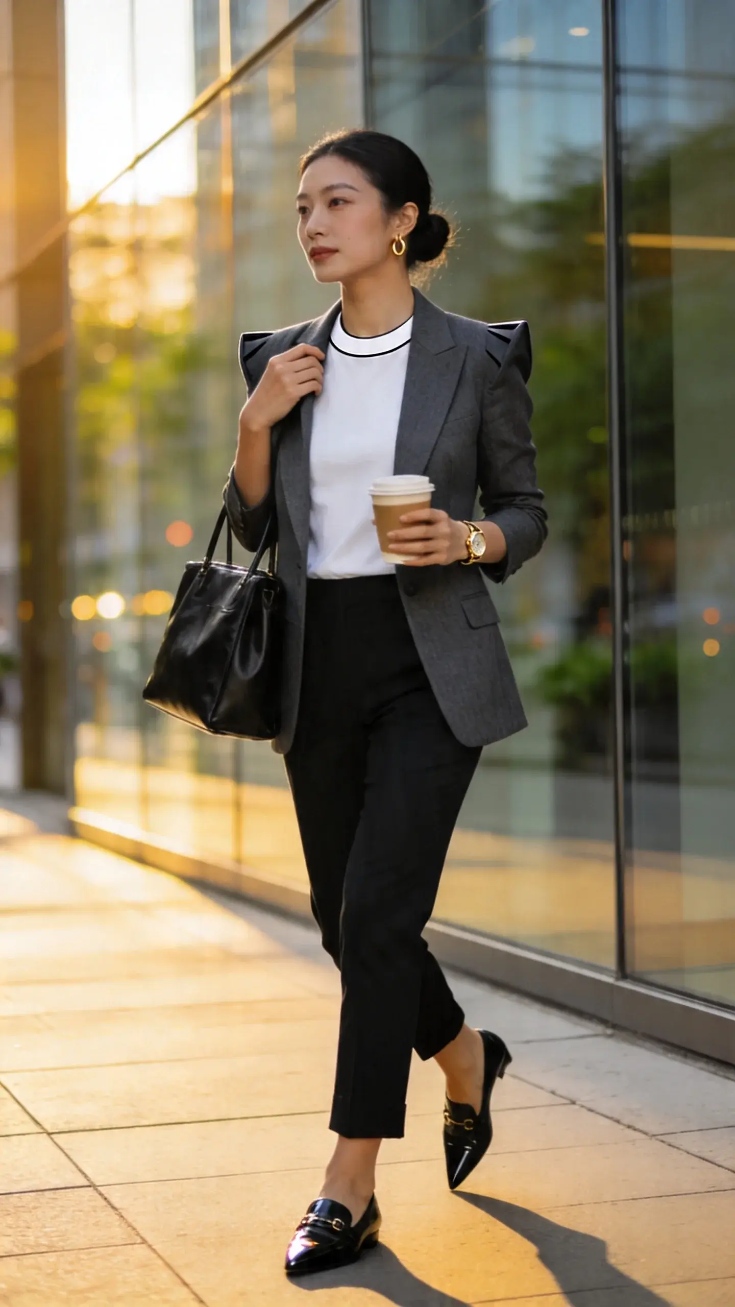 Realistic high-end fashion photograph of a polished office woman in her early 30s standing on a sunlit city sidewalk outside a modern glass office building, captured at golden hour. She wears a single-breasted tailored blazer in charcoal with sharp shoulders and a slim fit, over a thick, high-quality white crewneck tee with a crisp neckband. Pair with slim black cigarette trousers that skim the ankle, and black pointed-toe loafers with a subtle shine. She carries a structured black leather tote in the crook of her arm, and wears small simple gold hoop earrings and a minimal gold watch. Hair is sleek in a low bun, natural makeup with clean skin and soft liner. Confident mid-stride pose, one hand adjusting the blazer lapel, the other holding a takeaway coffee. Background softly blurred with reflective glass, subtle bokeh, and hints of urban greenery. Lighting warm and directional, emphasizing fabric textures (wool suiting, dense cotton tee, polished leather). Color palette: charcoal, black, white, and gold accents. Shot on a full-frame camera, 50mm lens, shallow depth of field, editorial street-style composition, no text.