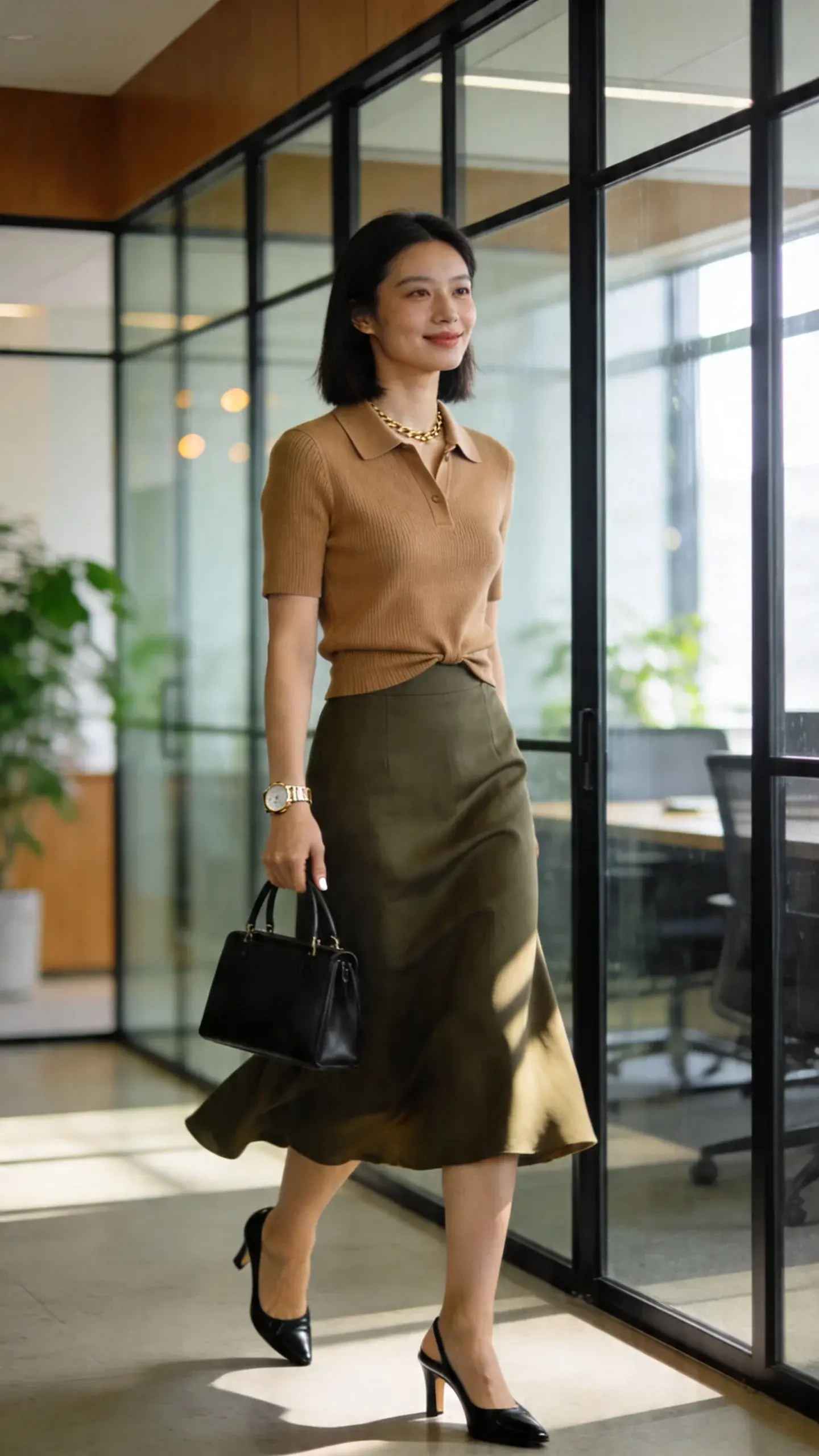 Realistic high-quality fashion photograph of a polished office-ready woman wearing a short-sleeve knit polo and a midi skirt, captured in soft natural daylight inside a modern open-plan office. Main subject: a confident professional woman in her early 30s, medium-light skin, shoulder-length sleek dark hair, minimal makeup, subtle glow. Outfit: fitted short-sleeve knit polo in camel, half-tucked at the front for waist definition; A-line midi skirt in deep olive sage with fluid movement; black leather slingback pumps with a modest heel; delicate gold chain necklace; minimalist gold watch; structured black top-handle bag carried in hand. Styling details: polo collar neatly pressed, clean manicure, no logos. Pose: mid-stride walk past glass-partitioned meeting rooms, soft motion in the skirt creating elegant movement; relaxed, friendly expression as if between meetings. Setting: contemporary office with warm wood accents, matte black metal frames, glass walls, greenery, and diffused sunlight from large windows; background bokeh for depth. Lighting: soft, natural side light with gentle shadows highlighting knit texture and skirt drape. Camera: 50mm lens, eye-level, shallow depth of field, crisp detail on fabric textures and accessories, no text in frame, editorial street-style aesthetic with quiet luxury vibe. Color palette: camel, sage, black, and muted neutrals for a cohesive, expensive look without flashiness.