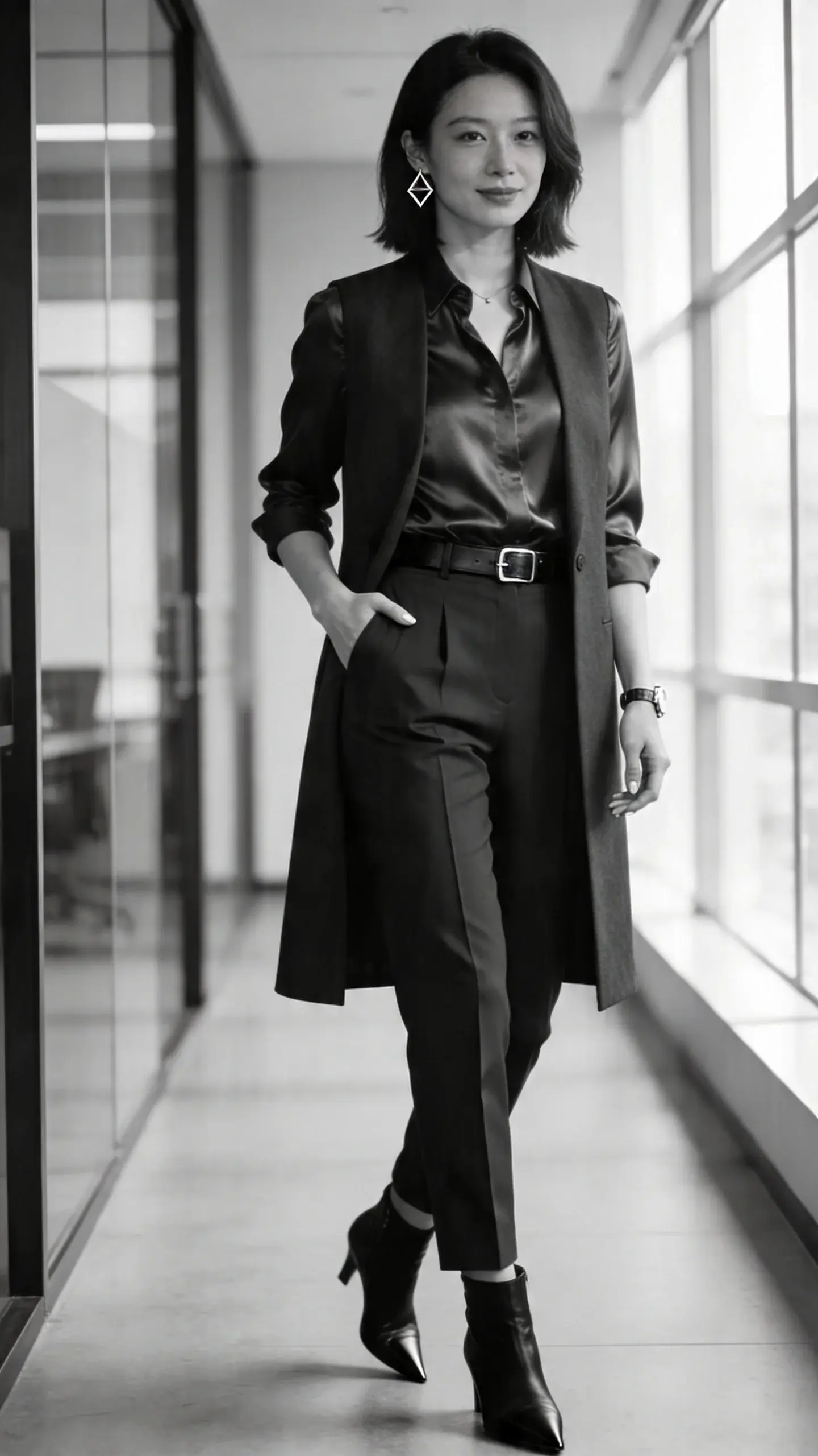 Realistic high-resolution fashion photograph of a professional woman in an office hallway, showcasing a monochrome power set. She is a late-20s to mid-30s East Asian woman with sleek shoulder-length hair, minimal makeup, and a confident, approachable expression. Outfit: charcoal monochrome ensemble—silky charcoal blouse tucked into tailored high-waisted charcoal trousers with a sharp front crease, layered under a longline charcoal vest that hits mid-thigh. Mixed textures for depth: soft sheen on blouse, matte suiting on vest and trousers. Accessories: geometric silver stud earrings, slim black leather belt with a small silver buckle, sleek black pointed-toe ankle boots. Subtle details: clean manicure, delicate watch. Pose: three-quarter stance, one hand lightly in pocket, the other resting at her side, natural stride as if heading to a meeting. Lighting: bright, soft natural office light from floor-to-ceiling windows, gentle highlights on fabric textures. Background: modern corporate interior with glass partitions, neutral palette, slight depth of field blur to keep focus on outfit. Color palette strictly monochrome charcoal/black with tonal variation, no logos or text, ultra-realistic, editorial-quality fashion photography.