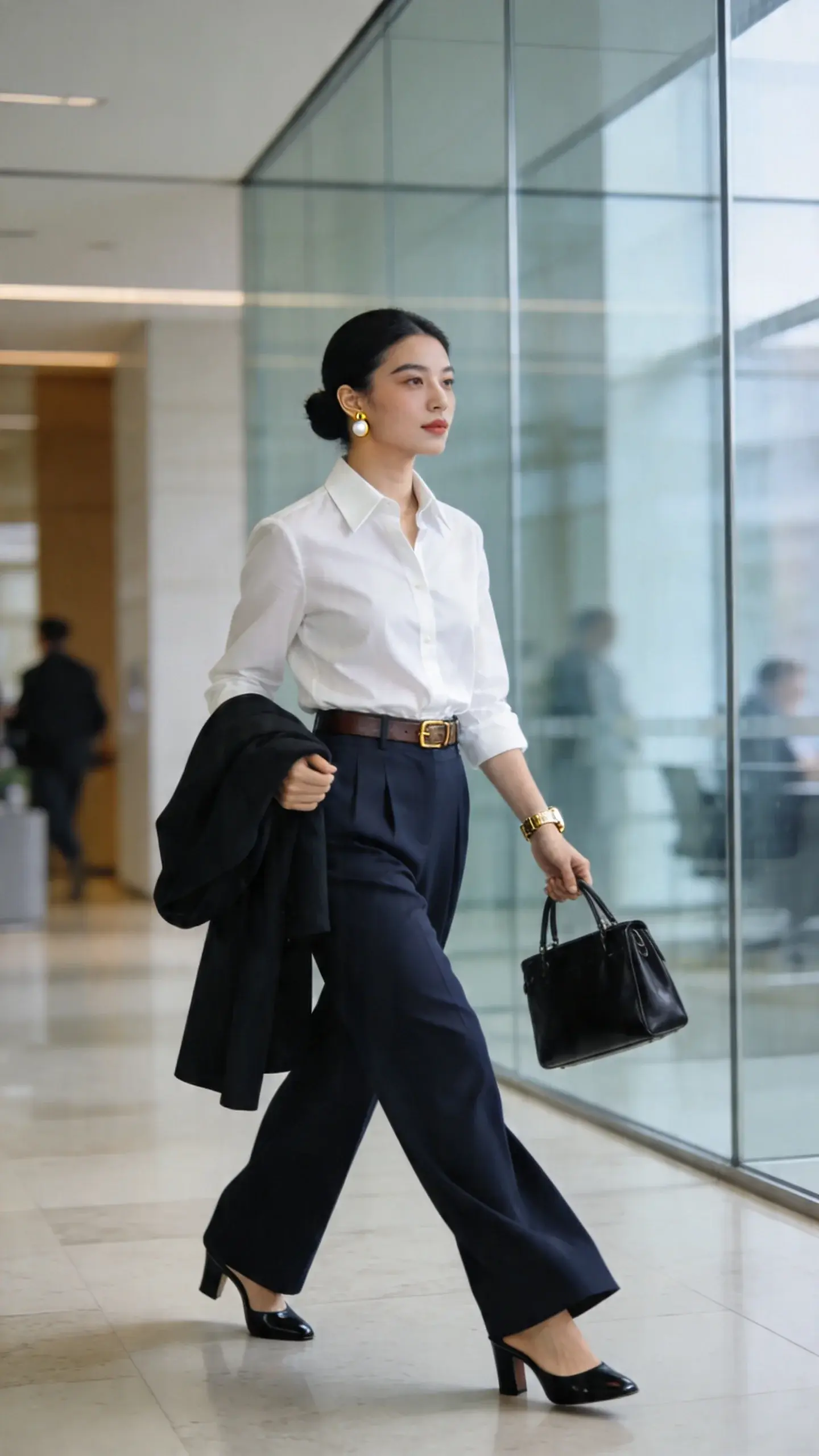 Realistic high-fashion editorial photo of a polished office woman embodying “main character energy” in a bright, modern corporate lobby with soft morning light. She wears a crisp white cotton poplin button-down, neatly tucked and slightly bloused to reveal a slim leather belt with subtle gold hardware, paired with high-waisted, sweeping wide-leg trousers in deep navy. Footwear: black leather heeled mules. Accessories: structured black satchel carried in hand, pearl stud earrings, delicate gold huggie in one ear, minimal gold watch. Hair in a sleek low bun, natural makeup with defined brows and a soft nude lip. She strides confidently across pale stone flooring, mid-step, coat draped over one forearm, looking slightly off-camera with a purposeful expression. The background features glass walls, clean lines, and blurred silhouettes of office life for context. Styling details: sharp collar, crisp steamed fabric with subtle sheen, strong trouser crease, tailored fit. Shot on a 50mm lens at eye level, shallow depth of field for subject separation, natural color grading, high resolution, no text.
