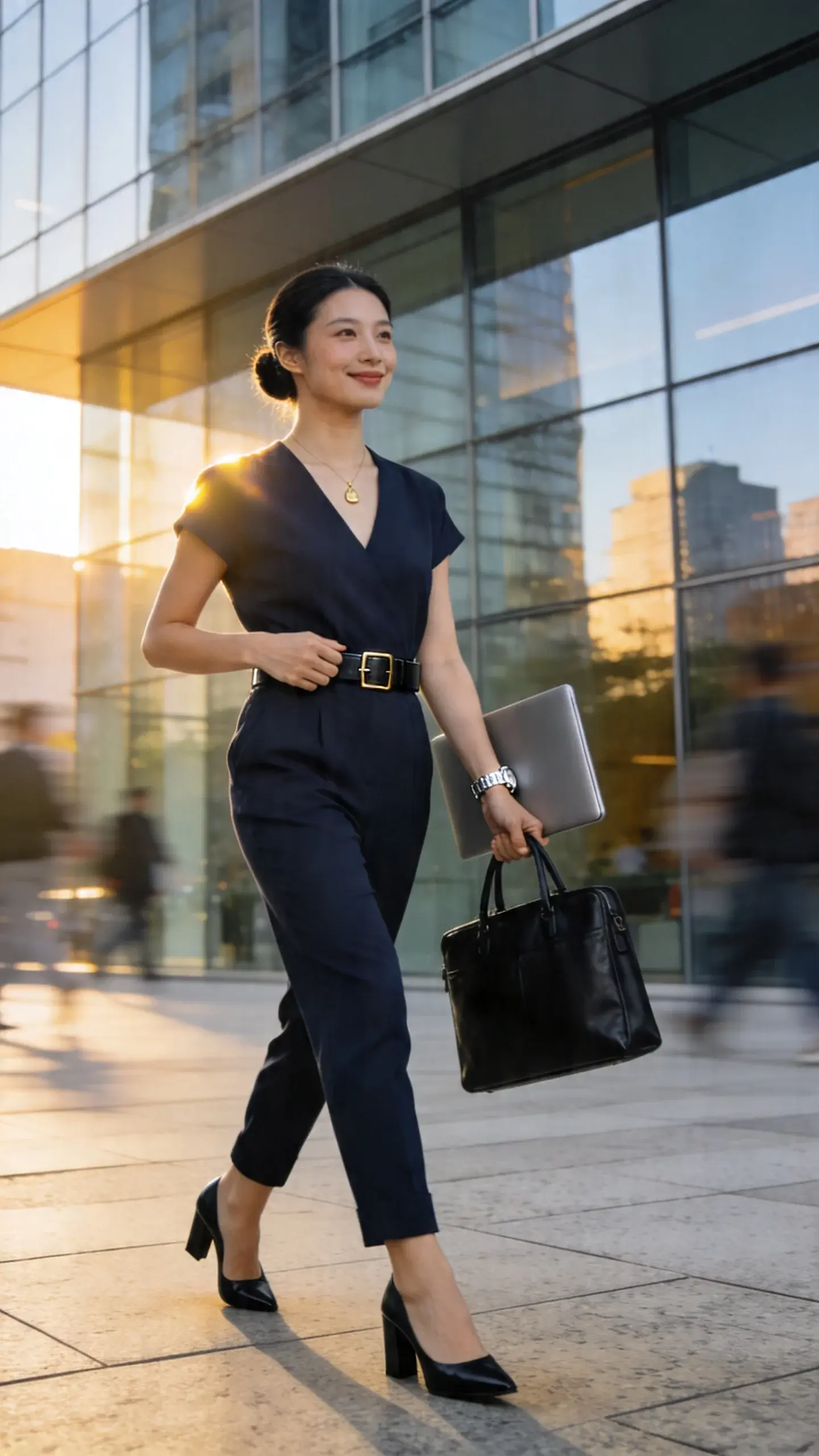 Realistic, high-resolution editorial street-style photo of a professional woman in a tailored jumpsuit, captured outside a modern glass office building during golden-hour morning light. She wears a deep navy, structured, slight-stretch jumpsuit with a clean V-neck, short sleeves, and tapered, ankle-grazing hems just above the ankle; the waist is cinched with a sleek black leather belt with a minimal gold buckle. Footwear: black leather block-heel pumps. Accessories: a slim silver statement watch, a delicate gold pendant necklace, and a structured black leather laptop tote carried in her left hand. Hair is neatly pulled into a low, polished bun; natural makeup with a soft matte finish. Pose: mid-stride on a granite plaza, looking confident with a subtle smile, right hand adjusting the belt. Background details: reflections of cityscape in glass, soft bokeh of commuters, subtle motion blur on passersby to emphasize focus on subject. Lighting: soft directional sunlight with gentle rim light on shoulders, true-to-life colors, crisp textures of fabric and leather. Camera: full-body shot at slight low angle, 50mm lens feel, shallow depth of field. No text, no logos.