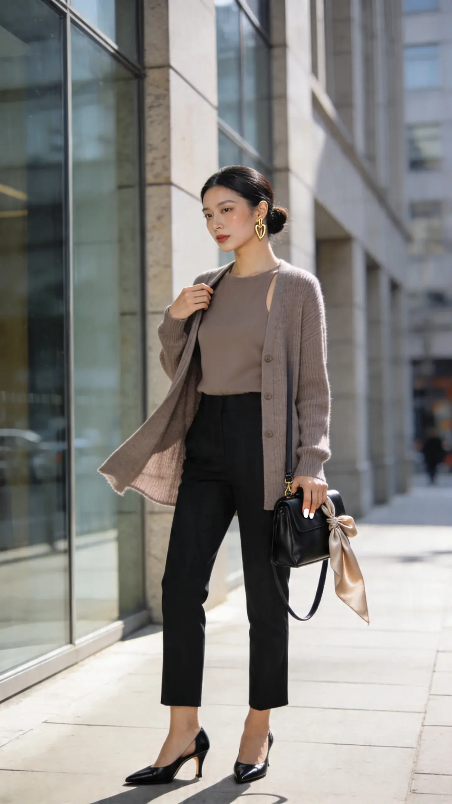 Realistic high-quality street-style photo of a polished office woman in a modern “twinset” cardigan look. She stands on a sunlit city sidewalk near a glass-and-stone office building, mid-morning light with soft shadows. She wears a fine-knit cardigan in soft taupe, unbuttoned, over a matching sleeveless shell neatly tucked into tailored tapered ankle trousers in deep black. Accessories: slim sculptural gold earrings, low black leather kitten-heel slingbacks, a compact black leather shoulder bag under her arm, and a silky neutral-toned scarf lightly tied to the bag strap. Hair is sleek in a low bun, minimal glowy makeup, short neutral manicure. She’s adjusting the open cardigan with one hand, the other casually holding the bag, posture relaxed yet confident. Fabric textures read clearly (soft knit, smooth suiting), subtle movement in the cardigan hem. Background slightly blurred for depth of field; color palette: taupe, black, gold accents. Photographed at eye level with a 50mm lens, natural light, editorial fashion vibe, no logos or text.