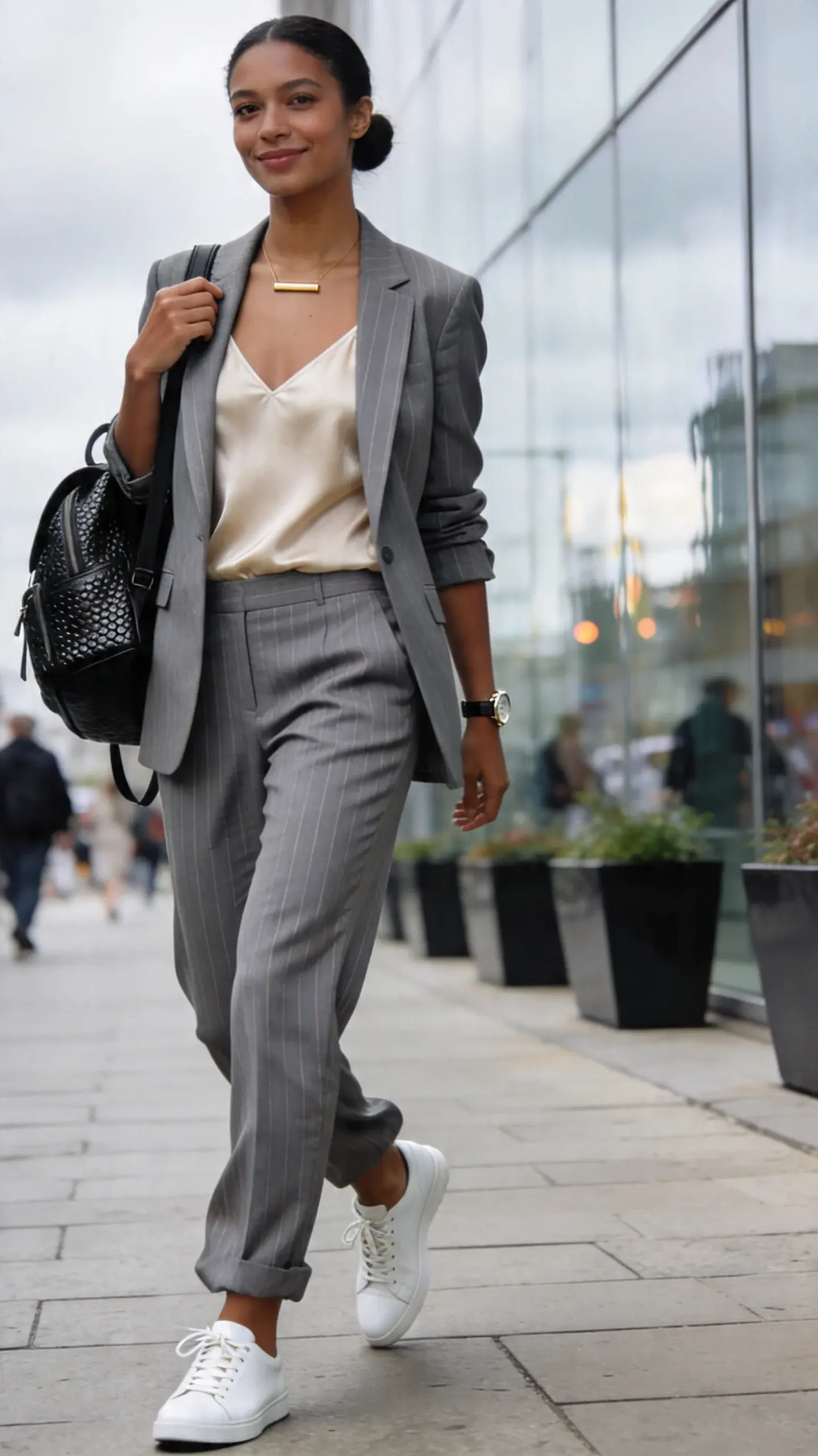 Realistic high-quality street-style photo of a polished office woman in a soft, relaxed suit with pristine sneakers, captured mid-morning outside a modern glass-and-stone office building. Subject: late-20s/early-30s professional woman, medium brown skin, natural makeup with soft matte finish, tidy low bun. Outfit: relaxed-fit blazer in muted dove grey with subtle pinstripe, matching relaxed, slightly tapered trousers tailored to just skim the ankle; underlayer is a champagne silk camisole with a clean V-neck; minimal white leather sneakers with spotless uppers and crisp laces; delicate linear bar necklace in gold; slim watch; carrying a structured convertible backpack-tote in black pebbled leather worn on one shoulder. Styling details: blazer sleeves lightly pushed to wrist bone, camisole neatly tucked, trousers perfectly hemmed, sneakers immaculate, subtle belt-free waistline. Pose: confident mid-stride on a wide stone sidewalk, one hand adjusting blazer lapel, soft smile, direct but kind gaze off-camera. Lighting: bright overcast daylight for even, flattering tones; gentle reflections from the glass facade. Background: blurred commuters, sleek planters, subtle city motion bokeh—no signage or text. Color palette: cool greys, sand-champagne, black accents, crisp white. Photographic style: editorial fashion photography, 50mm lens look, shallow depth of field, natural tones, sharp focus on texture of suiting and silk, realistic skin texture, no heavy retouching. Composition: rule of thirds, full-body framing with slight angle, movement captured in the step of the trouser leg and lace sway, overall vibe cool, calm, and corporate-enough.