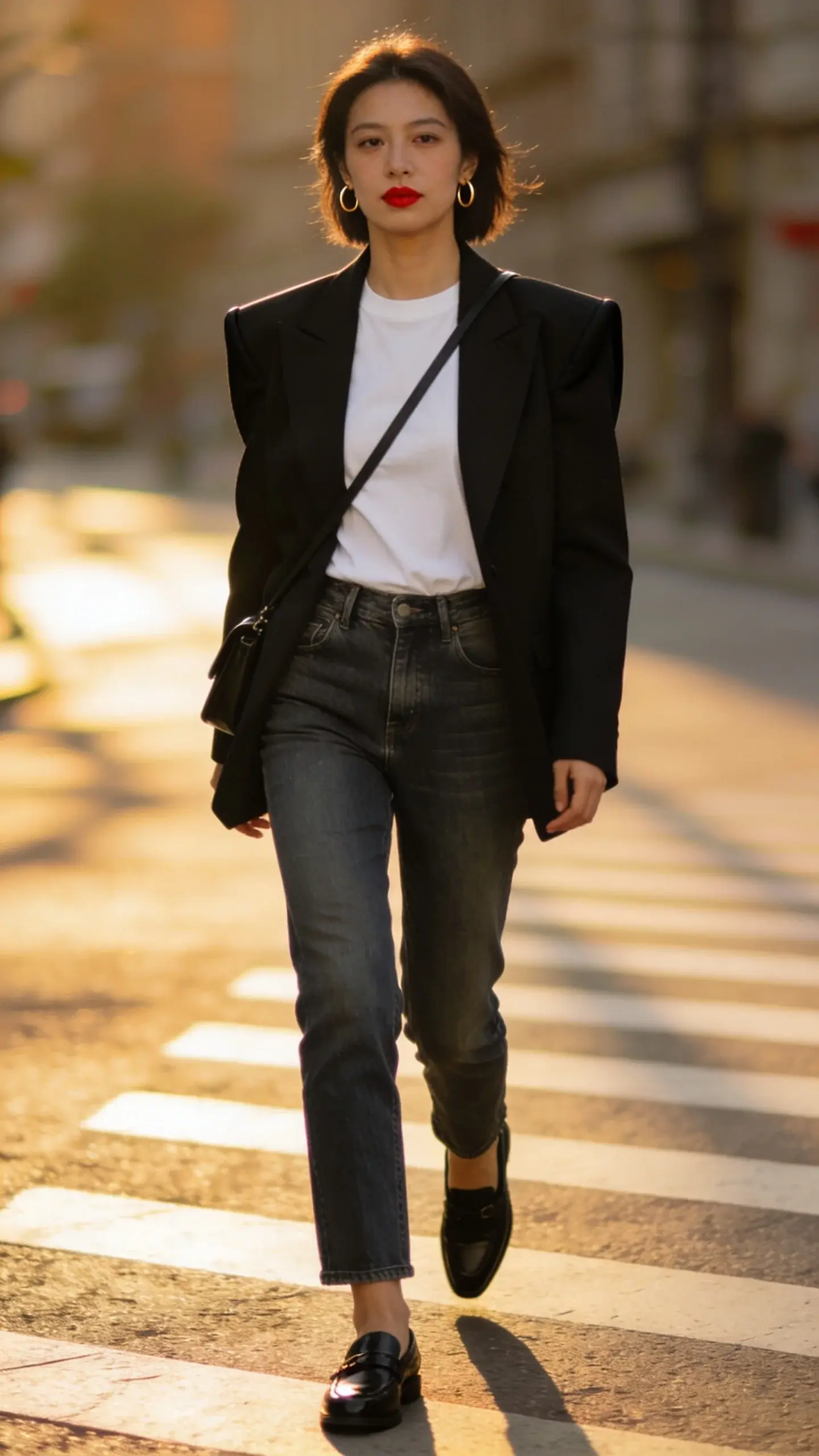 Street style scene at golden hour: a stylish woman walking across a city crosswalk wearing a slightly oversized black blazer with sharp, structured shoulders over a crisp, dense-cotton white crewneck tee tucked into mid-rise, ankle-grazing straight-leg medium-wash jeans; black leather loafers, minimal gold hoop earrings, subtle red lip; sleek black crossbody; soft shadows, candid motion, no text.