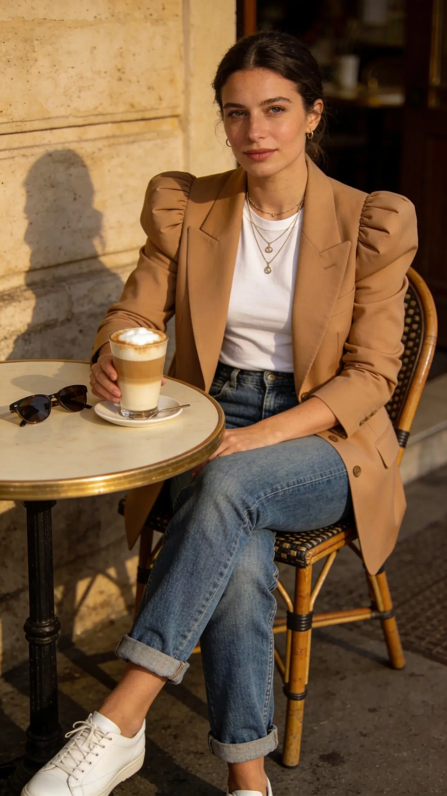 Café terrace setting: a woman seated at a small round table, blazer in camel with padded shoulders over a white fitted tee, mid-high-rise vintage blue straight jeans slightly cropped; white leather sneakers, delicate layered necklaces; a cappuccino and sunglasses on the table; warm, candid lifestyle feel, no text.