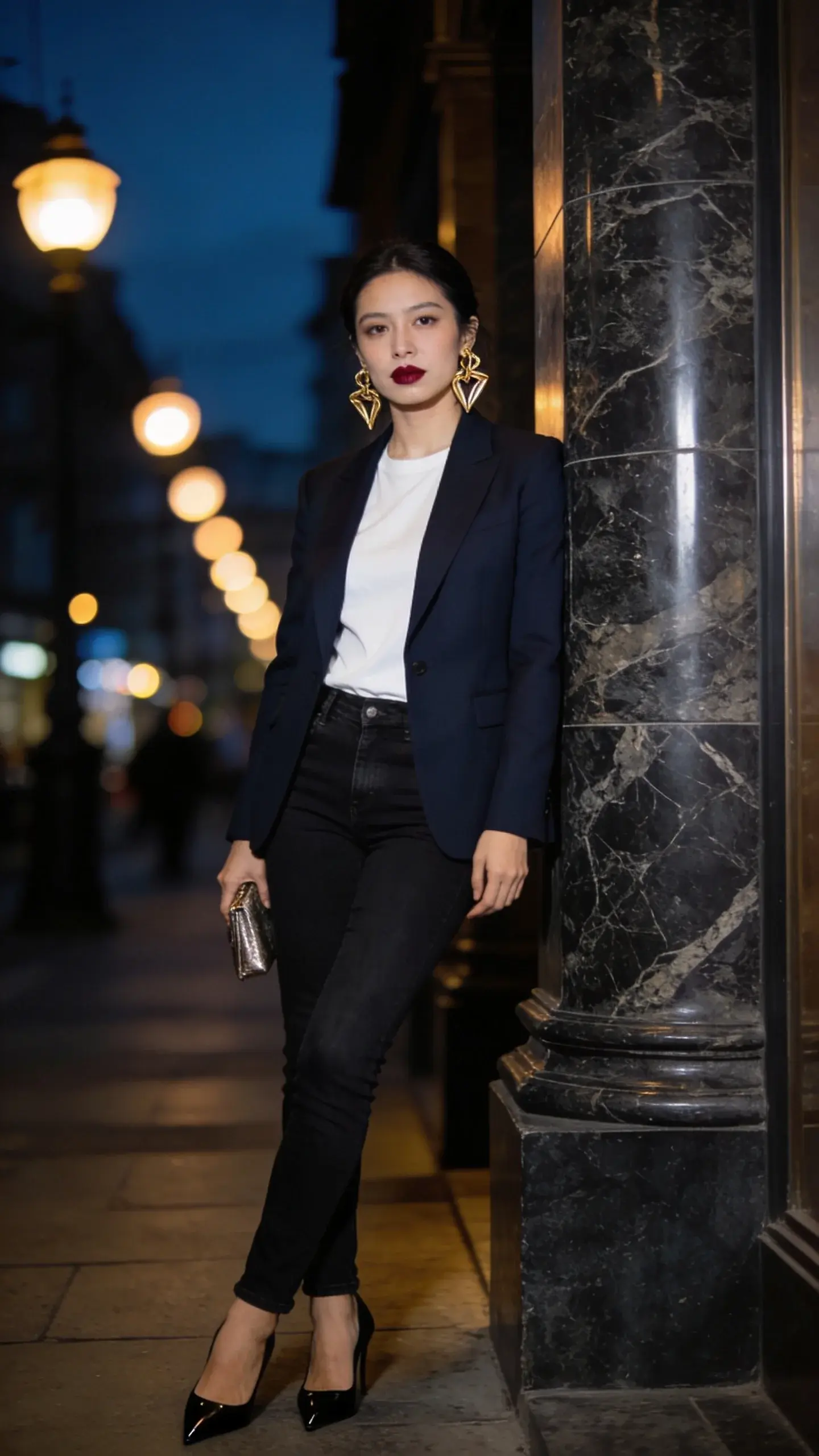 Evening city entryway: a woman leaning against a marble building column in a navy tailored blazer over a pristine white tee, straight black jeans; pointed-toe black heels, bold berry lipstick, sculptural gold earrings; small metallic clutch; moody contrast lighting with streetlights bokeh, no text.