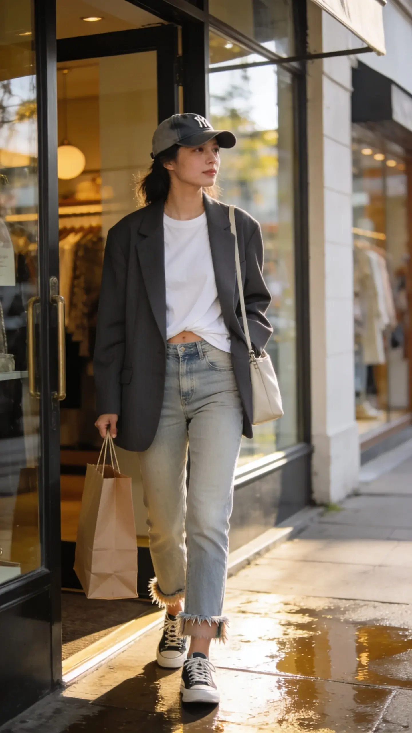 Weekend errands vibe: a woman exiting a boutique carrying a paper shopping bag, charcoal oversized blazer over a slouchy white tee half-tucked into light-wash straight jeans with raw hem at the ankle; classic low-top sneakers, baseball cap, minimalist tote; bright daylight and storefront reflections, no text.