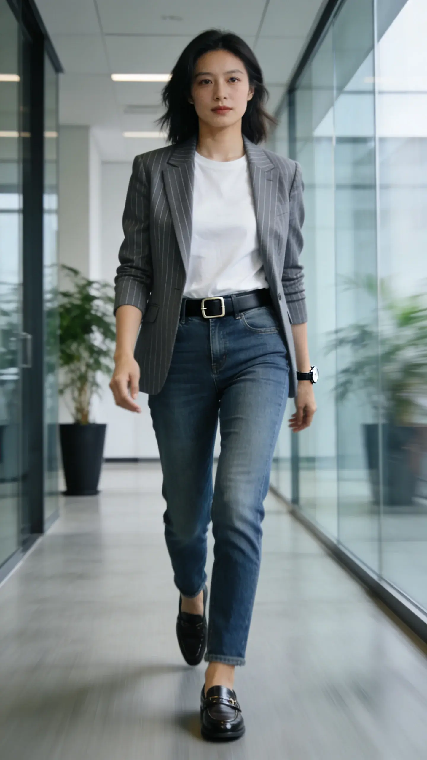 Office hallway moment: a woman striding with confidence in a pinstripe charcoal blazer over a smooth white tee tucked into mid-rise indigo straight jeans; sleek black belt with minimal buckle, polished penny loafers, simple watch; glass walls and plants in backdrop, natural daylight, no text.