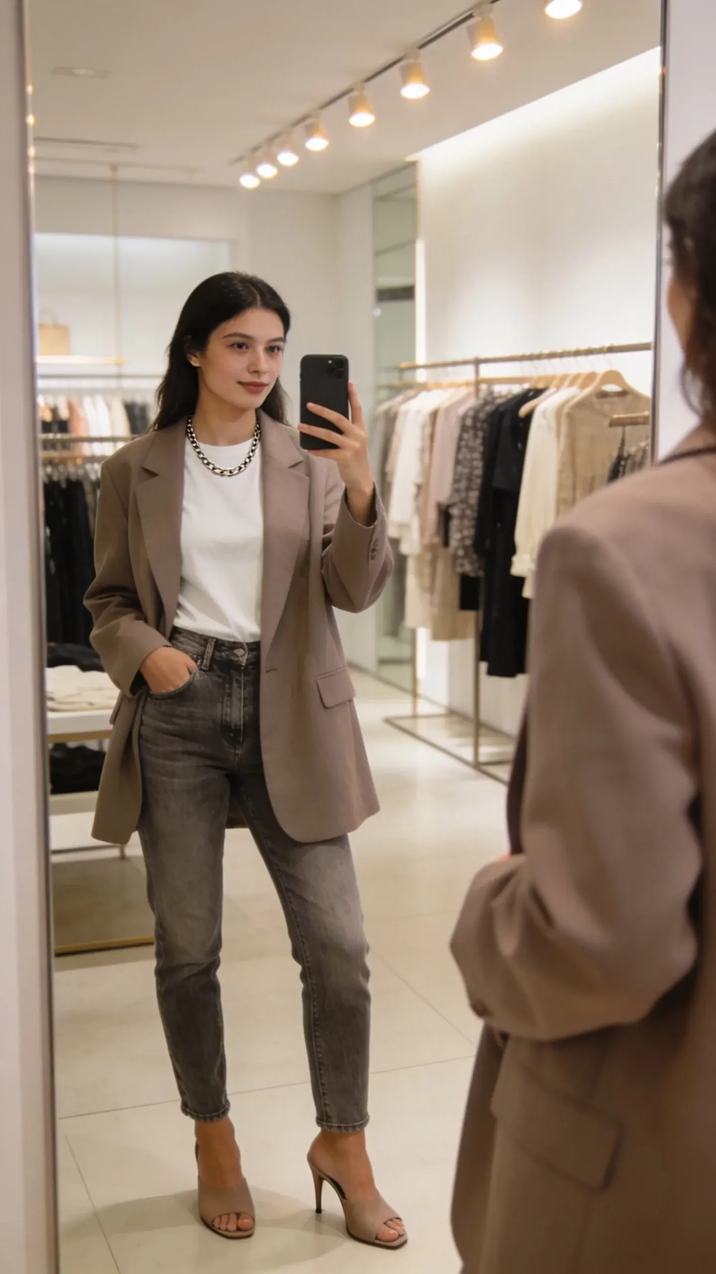 Boutique mirror selfie style (no phone visible): over-the-shoulder shot capturing reflection of a woman in a taupe oversized blazer, opaque white crew tee, faded straight-leg jeans; kitten-heel mules, slim chain necklace; curated boutique racks and soft spotlights, clean mirror, no text.