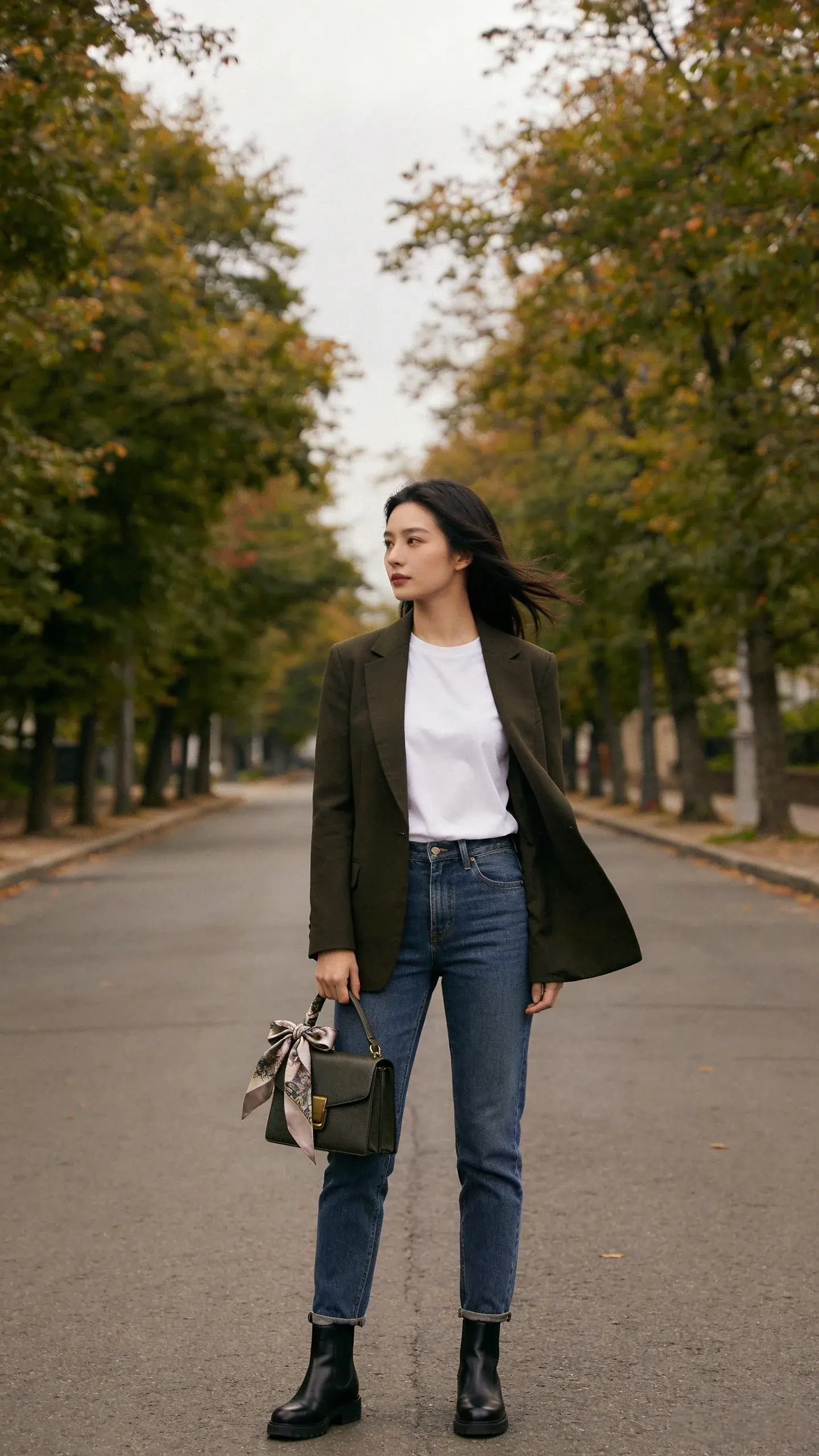 Transitional weather layering: a woman on a tree-lined street, dark olive blazer over a heavyweight white tee, straight blue jeans; black Chelsea boots, silk scarf tied to a structured handbag; subtle wind movement in hair and blazer hem; overcast soft lighting, no text.