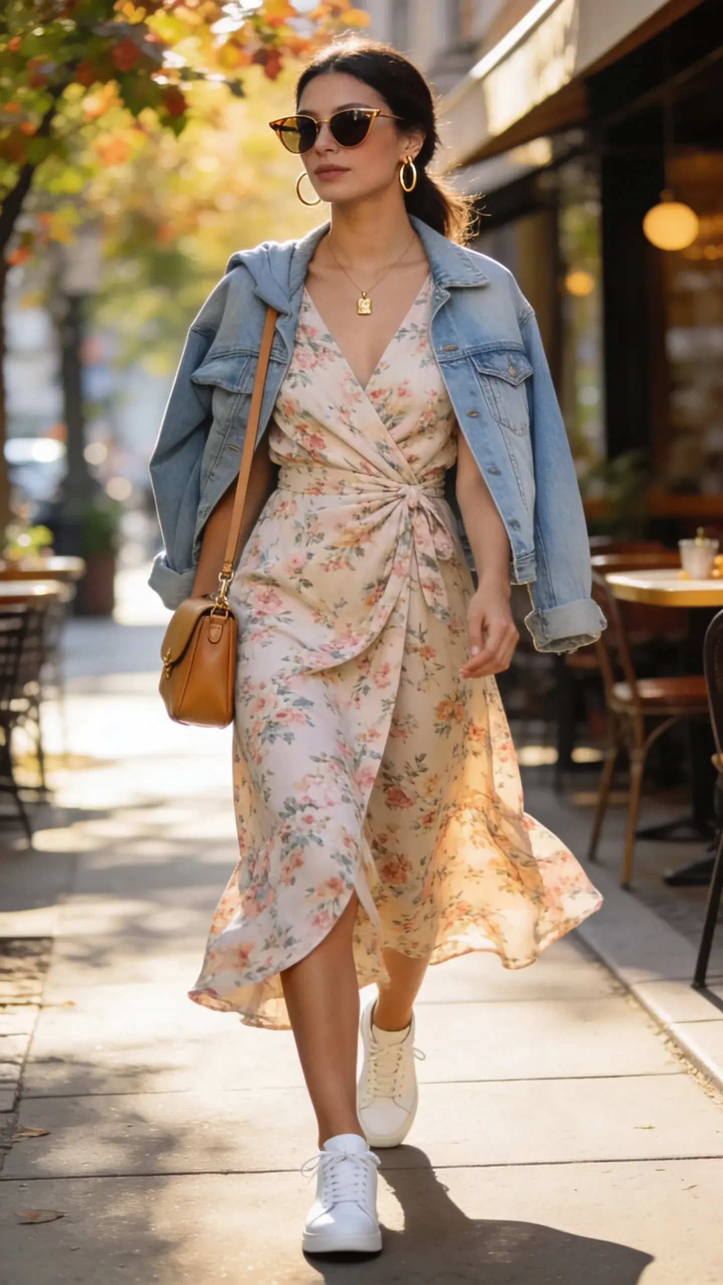 A realistic, high-resolution street-style fashion photo of a woman at a sunny weekend brunch spot, wearing a breezy wrap-style midi dress that hits mid-calf in a soft floral print, paired with pristine white leather sneakers. She layers a light denim jacket casually over her shoulders and carries a small tan crossbody bag. Accessories include thin gold hoop earrings, a delicate gold pendant, and sleek sunglasses with a slight cat-eye frame. She’s mid-stride on a charming city sidewalk lined with leafy trees and outdoor café tables, soft golden morning light creating gentle highlights and natural shadows. The dress moves fluidly around her legs, emphasizing an easy, effortless vibe; skin is glowing and makeup is natural. Background slightly blurred with shallow depth of field to keep focus on the outfit details and texture: cotton-blend dress with subtle drape, smooth white sneakers, light-wash denim grain, pebbled leather bag. Color palette: soft florals, light blue denim, tan leather, white sneakers, warm neutrals. Shot on a 50mm lens, eye-level perspective, editorial street-style composition, no text.
