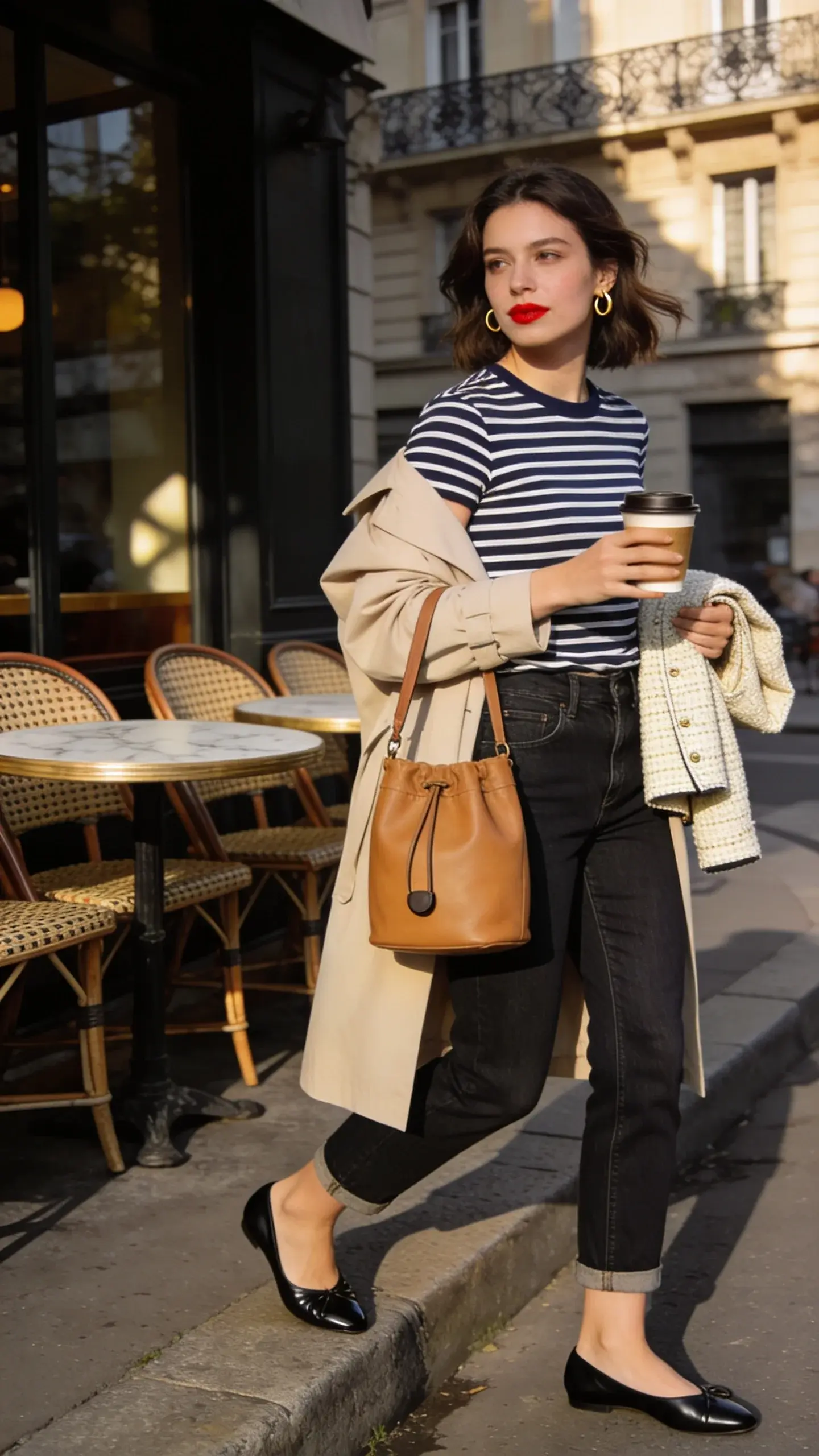 Golden-hour street scene in Paris with a stylish woman in her late 20s as the main subject, captured in a realistic high-quality candid photo. She’s wearing a fitted Breton striped tee (navy and white), high-rise cropped straight-leg jeans that hit right above the ankle, and classic black leather ballet flats. Over her shoulders, a light sand-beige trench coat is casually draped; a cropped cream tweed jacket peeks from her arm as an alternative layer option. She carries a tan leather bucket bag with a short strap, and small gold hoop earrings glint subtly. Her makeup is fresh with a soft red lip balm tint; hair is a loose, slightly tousled bob with a side part. She’s stepping off a curb near a café terrace with woven bistro chairs and round marble tables, holding a takeaway espresso cup. Background includes Haussmann buildings, wrought-iron balconies, and dappled sunlight; shallow depth of field, natural soft lighting, 50mm lens look. Color palette: neutrals, navy, black, tan. No text, lifelike textures and fabrics, subtle motion in her step, effortlessly chic Parisian-off-duty vibe.