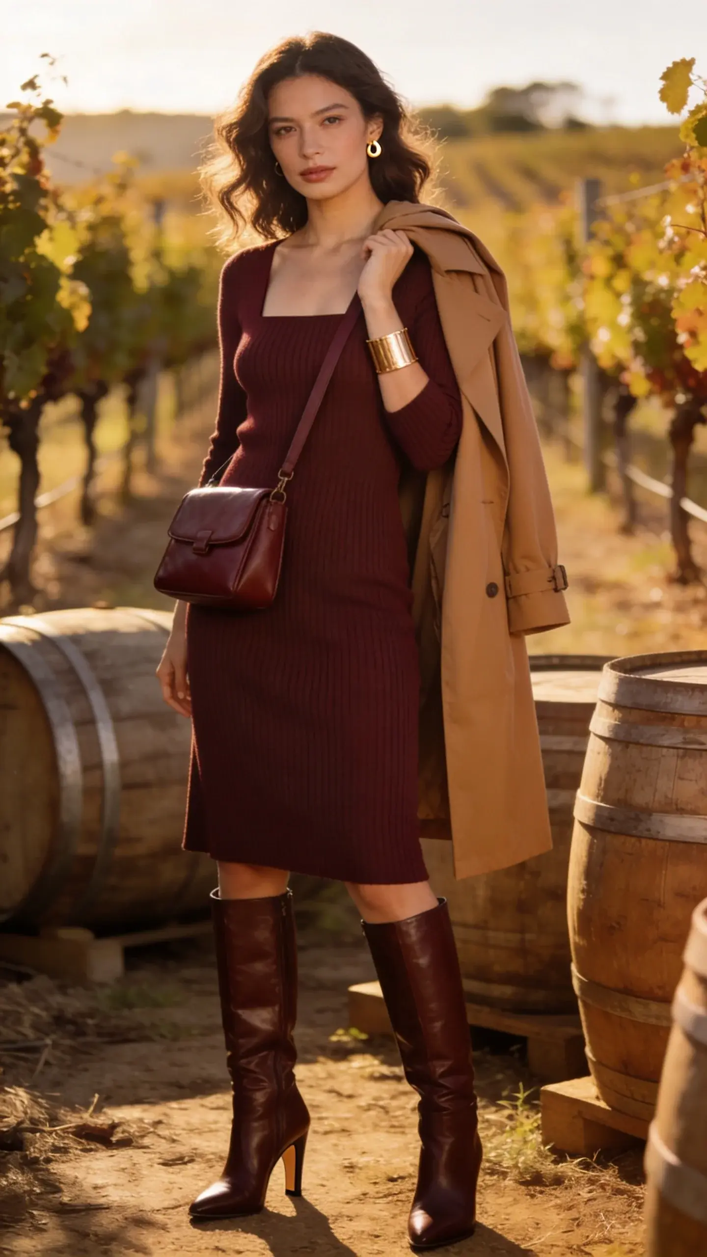 Realistic fashion photography of a chic woman at a vineyard wine tasting, showcasing a monochrome knit dress moment: she wears a ribbed midi knit dress in rich espresso with a modern square neckline that subtly hugs her figure, paired with sleek knee-high leather boots with a comfortable mid heel. A structured crossbody bag in a coordinating espresso tone rests at her hip, gold cuff bracelet and simple gold stud earrings glinting softly. A light, camel-toned trench is draped over her shoulders for a breezy touch. Scene set during golden hour among sunlit vineyard rows and rustic barrels, soft warm light highlighting the rib texture and smooth boot leather. Natural, polished makeup and softly waved hair. Color palette is cohesive and monochrome with tonal depth; clean, minimal styling that feels expensive and effortless. Shot on a full-frame camera, 85mm lens, shallow depth of field, crisp detail on fabric and accessories, creamy bokeh background, no text.