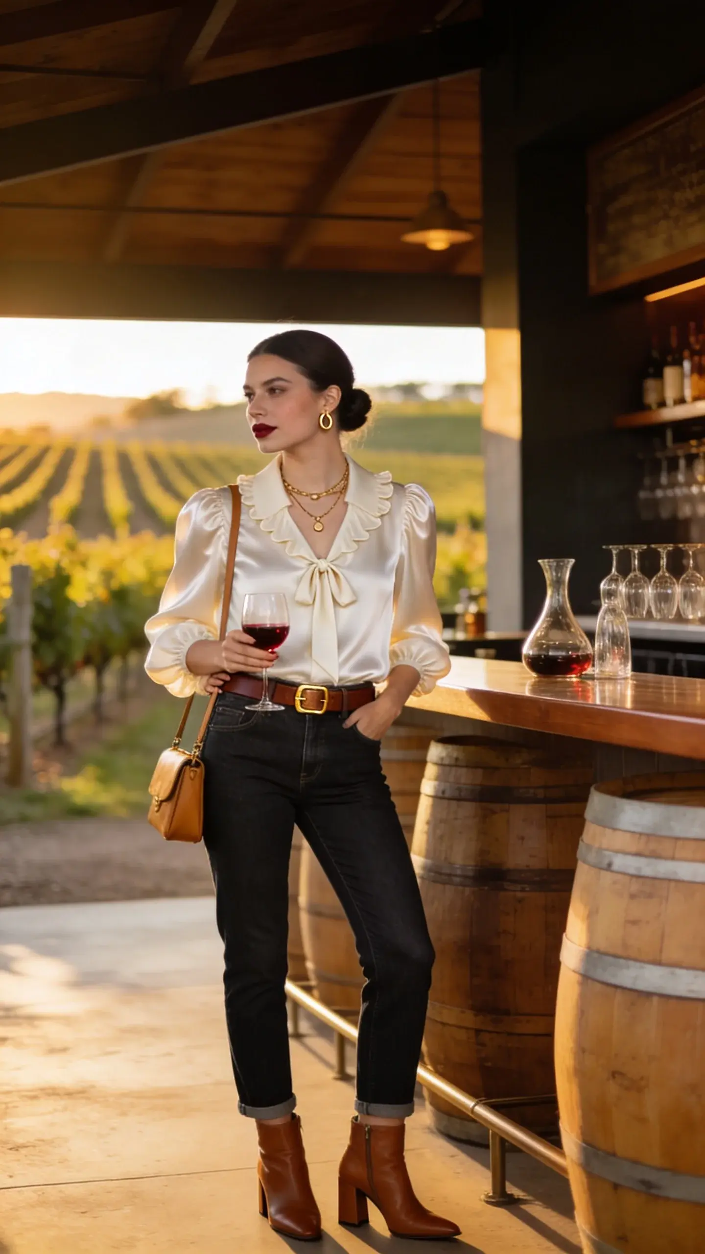 Realistic high-quality fashion photo of a stylish woman at a modern countryside winery during golden hour, embodying the “elevated denim + statement blouse” look for wine tasting. She wears dark indigo straight-leg ankle-length jeans with a clean finish (no distressing) and a cream silk statement blouse featuring soft ruffles at the collar, subtle puff sleeves, and a tie-neck bow. Footwear: cognac leather block-heel ankle boots. Accessories: a rich brown leather belt with a minimal gold buckle, layered delicate gold necklaces, small gold hoop earrings, and a slim structured crossbody bag in tan. Hair in a polished low bun, natural glowing makeup with berry-toned lips. She stands near oak barrels and a tasting bar with glass decanters, softly blurred vineyard rows in the background; holding a single glass of red wine at waist height, relaxed confident posture with a fashion-editor vibe. Lighting is warm and directional, highlighting texture of denim and silk; composition is three-quarter length, eye-level, editorial street-style feel with shallow depth of field, natural color grading, no text.