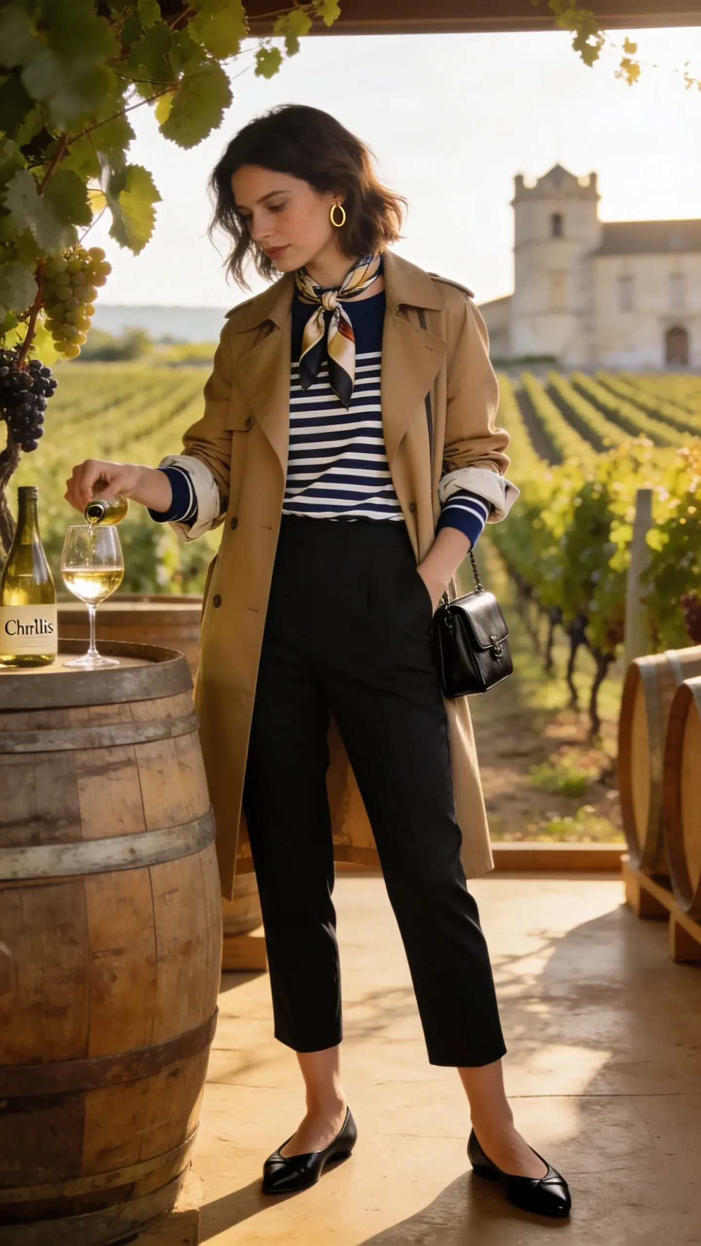 Elegant woman at a sunlit vineyard tasting room, exuding French-girl style: she wears a lightweight tan trench coat with sleeves casually rolled to reveal the cuffs of a classic navy-and-cream Breton striped long-sleeve tee, paired with cropped tailored black ankle-skimming pants. On her feet are black leather ballet flats; a silk scarf with subtle neutral tones is knotted at her neck, and she carries a small structured black satchel. She swirls a glass of white wine (Chablis) beside rustic wooden barrels and grapevines in soft golden hour light; background shows orderly vineyard rows and a pale stone chateau out of focus. Natural makeup, softly tousled shoulder-length hair, simple gold hoop earrings. Color palette: tans, creams, navy, black, olive greens of the vines. Realistic high-resolution fashion photography, shallow depth of field, 50mm lens look, soft backlighting and gentle shadows, editorial street-style vibe, no text.