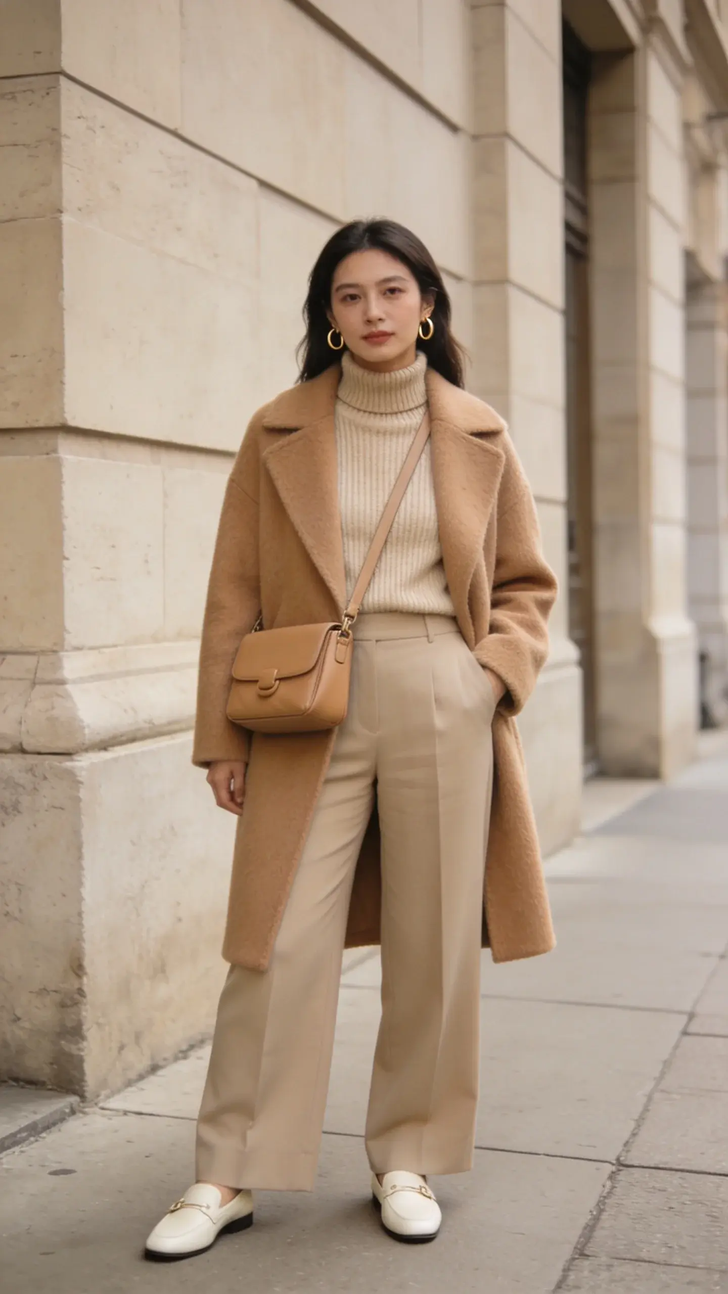 A chic monochrome beige outfit on a city sidewalk: woman wearing a camel wool coat over a sand-colored fine-knit turtleneck, tailored beige wide-leg trousers, and cream leather loafers; matching tan structured crossbody bag; subtle gold hoop earrings; textures clearly visible (wool, knit, leather); soft morning light; clean urban backdrop with neutral stone walls; no text.