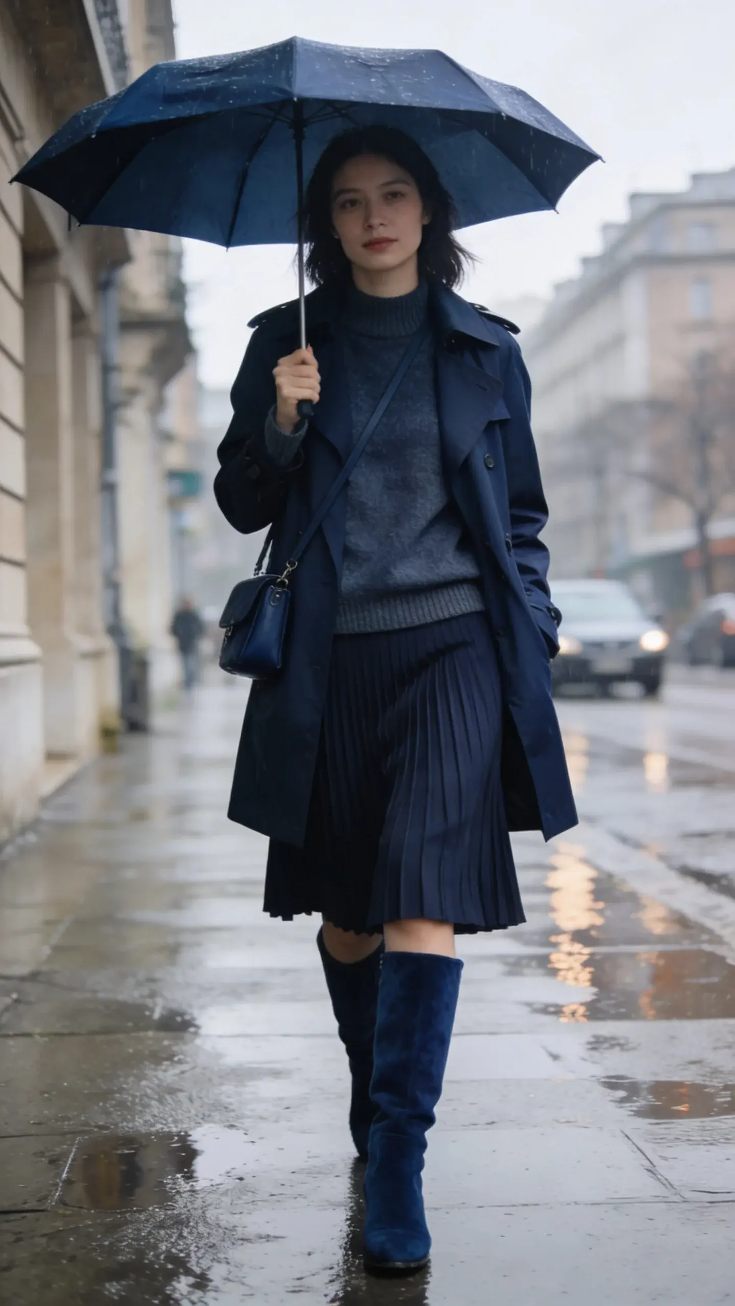 Navy-on-navy tonal look in a rainy street scene: woman wearing a navy trench coat layered over a slate-navy merino sweater and deep-navy pleated midi skirt; navy suede knee boots; navy umbrella; small navy crossbody bag; wet pavement reflections and soft overcast light; subtle contrast between wool, knit, and suede.