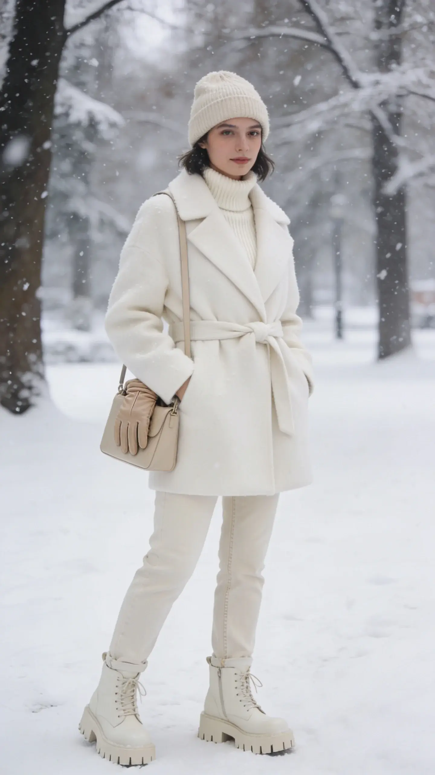 Elevated cream winter look in a snowy park: woman in an off-white belted wool wrap coat over an ivory cashmere turtleneck and ecru straight jeans; cream lug-sole boots; oatmeal beanie; soft beige leather gloves tucked into a matching shoulder bag; visible knit and wool textures; gentle snowfall and diffused light.