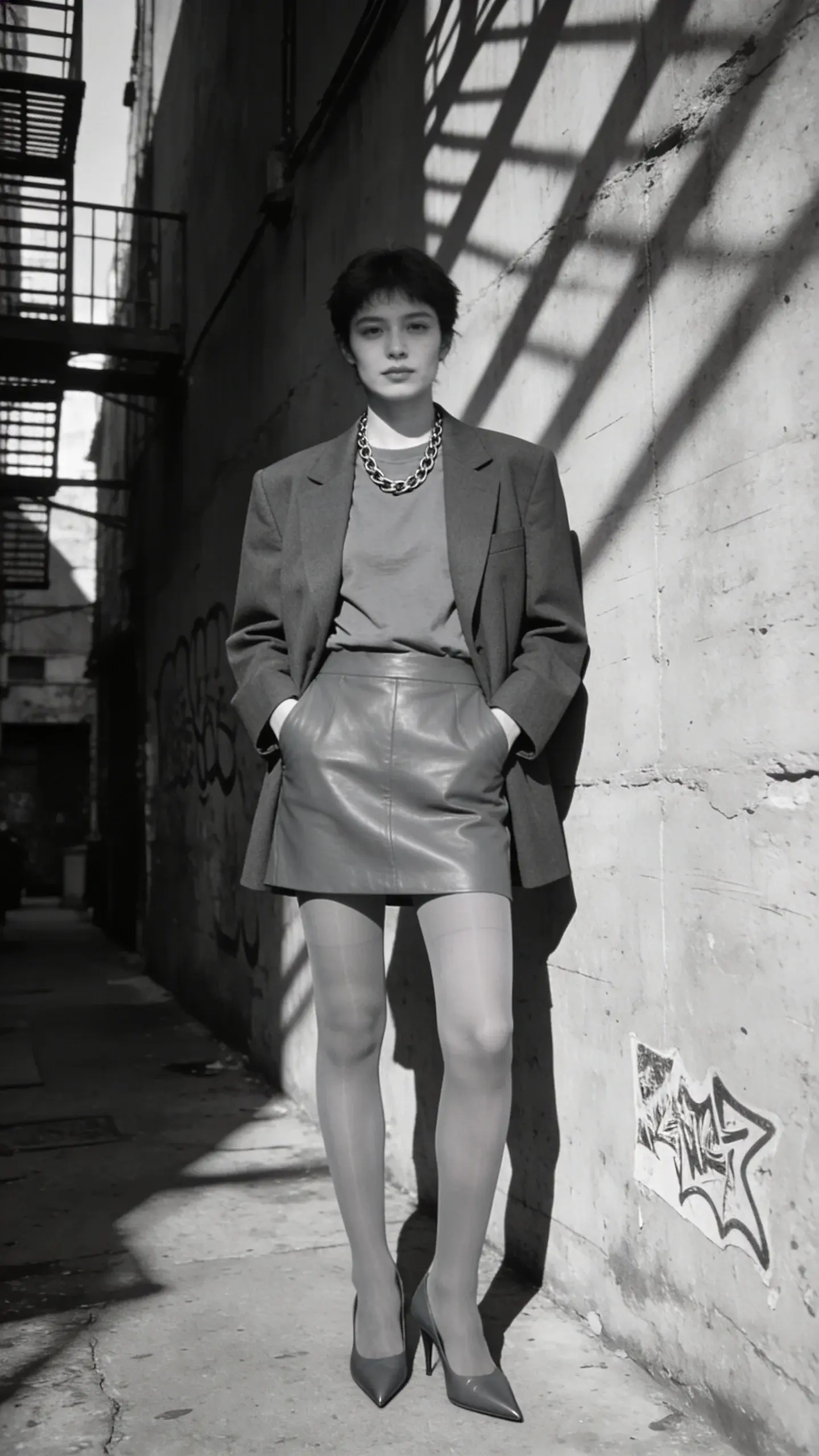 Monochrome with leather contrast in an urban alley: person in charcoal-gray boxy blazer over a slate-gray cotton tee, graphite-gray leather mini skirt, sheer gray tights, and dark gray pointed kitten heels; gunmetal chain necklace; hands-in-pockets stance against a textured concrete wall; late-afternoon shadow play.