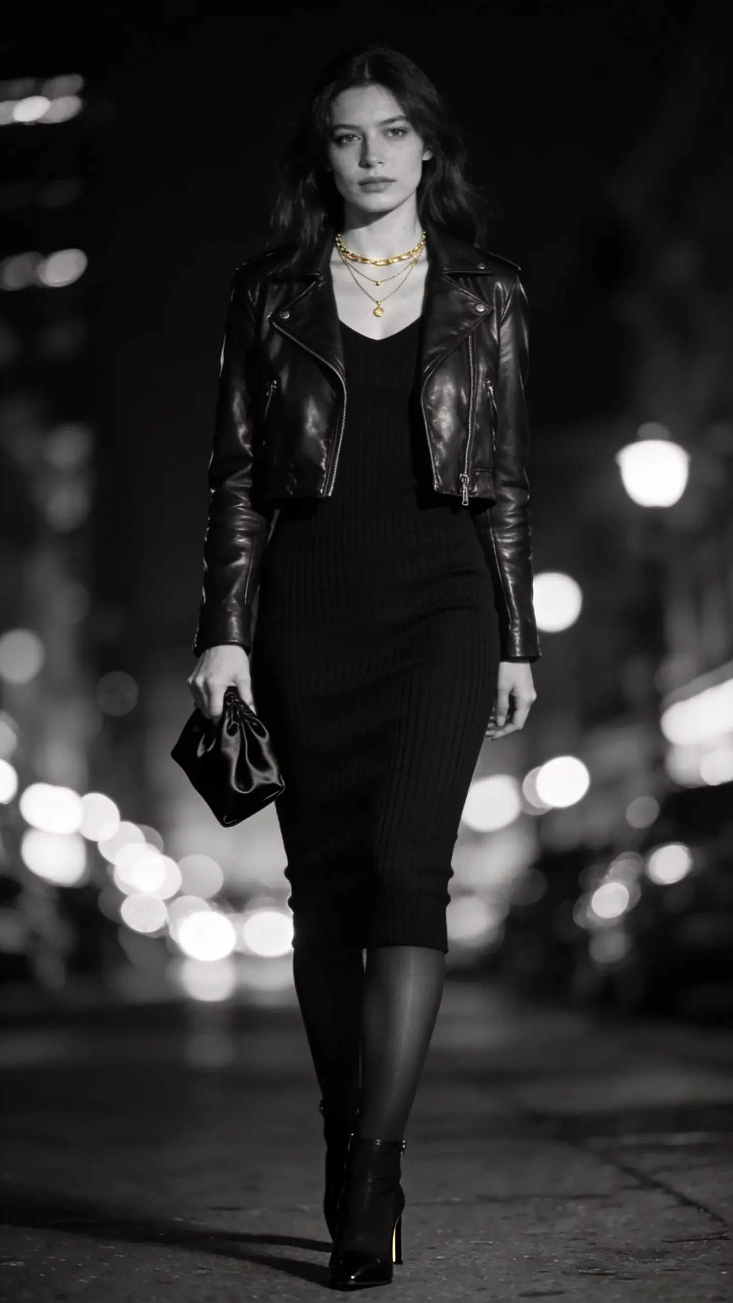 Monochrome black with texture play at night: woman in a black ribbed midi dress, cropped black leather biker jacket, opaque black tights, and black heeled ankle boots; small black satin clutch; delicate layered gold necklaces; city lights bokeh in the background highlighting leather vs knit sheen.