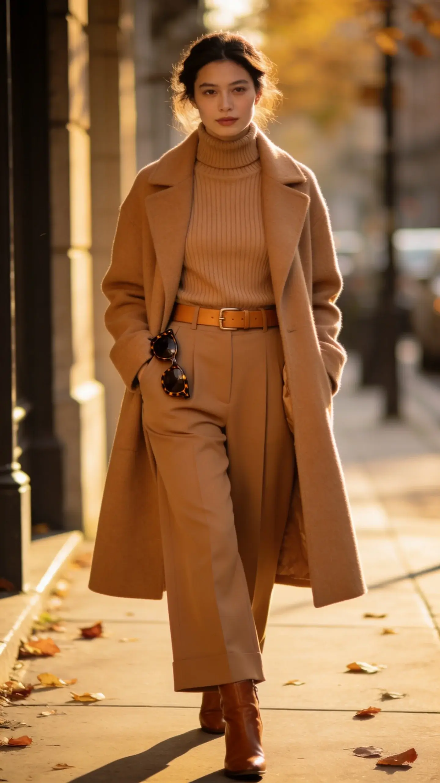 A camel monochrome look for fall: long camel wool coat over a camel ribbed turtleneck and camel tailored wide-leg trousers, tan leather belt, caramel ankle boots, tortoiseshell sunglasses tucked into coat pocket; photographed on a city sidewalk with fallen leaves; warm golden-hour light.