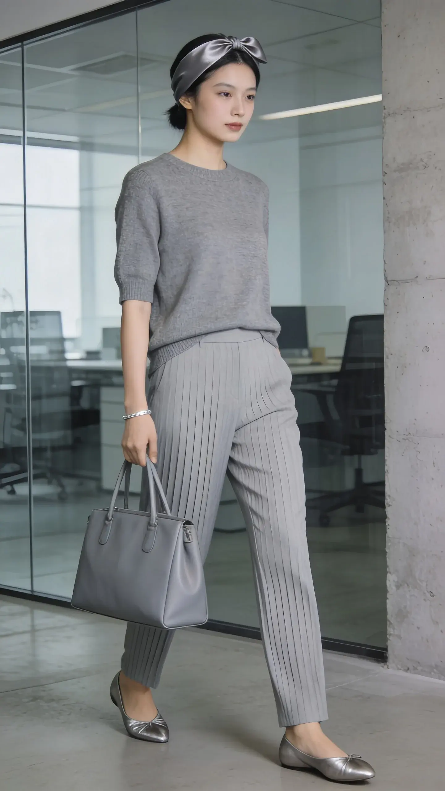Soft gray tonal outfit in a modern office setting: heather-gray knit top, light gray pleated trousers, gray satin headband, pewter ballet flats, thin silver bracelet; carrying a dove-gray structured tote; glass-and-concrete background; emphasize elongated silhouette.