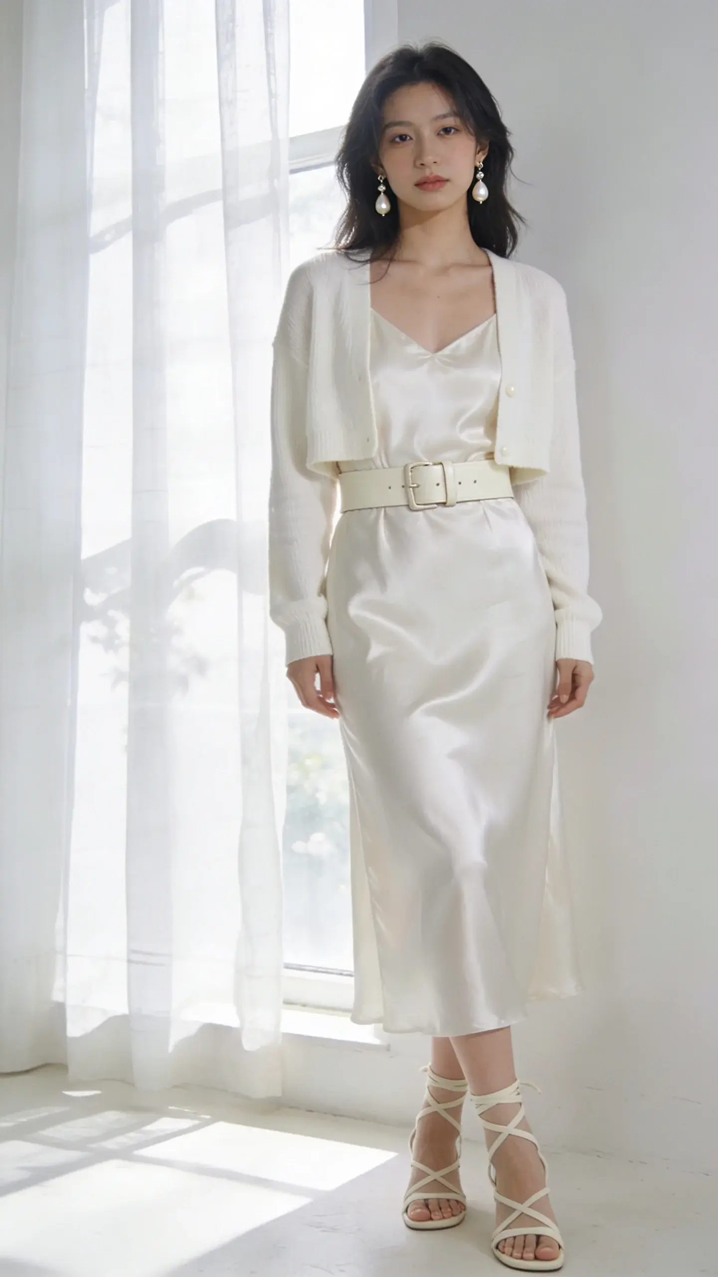 Mixed-texture monochrome in ivory for spring: ivory satin slip dress under an ivory cropped cotton cardigan, cream leather belt, bone-colored strappy sandals, pearl drop earrings; standing near a sunlit window with sheer curtains; airy, bright mood.