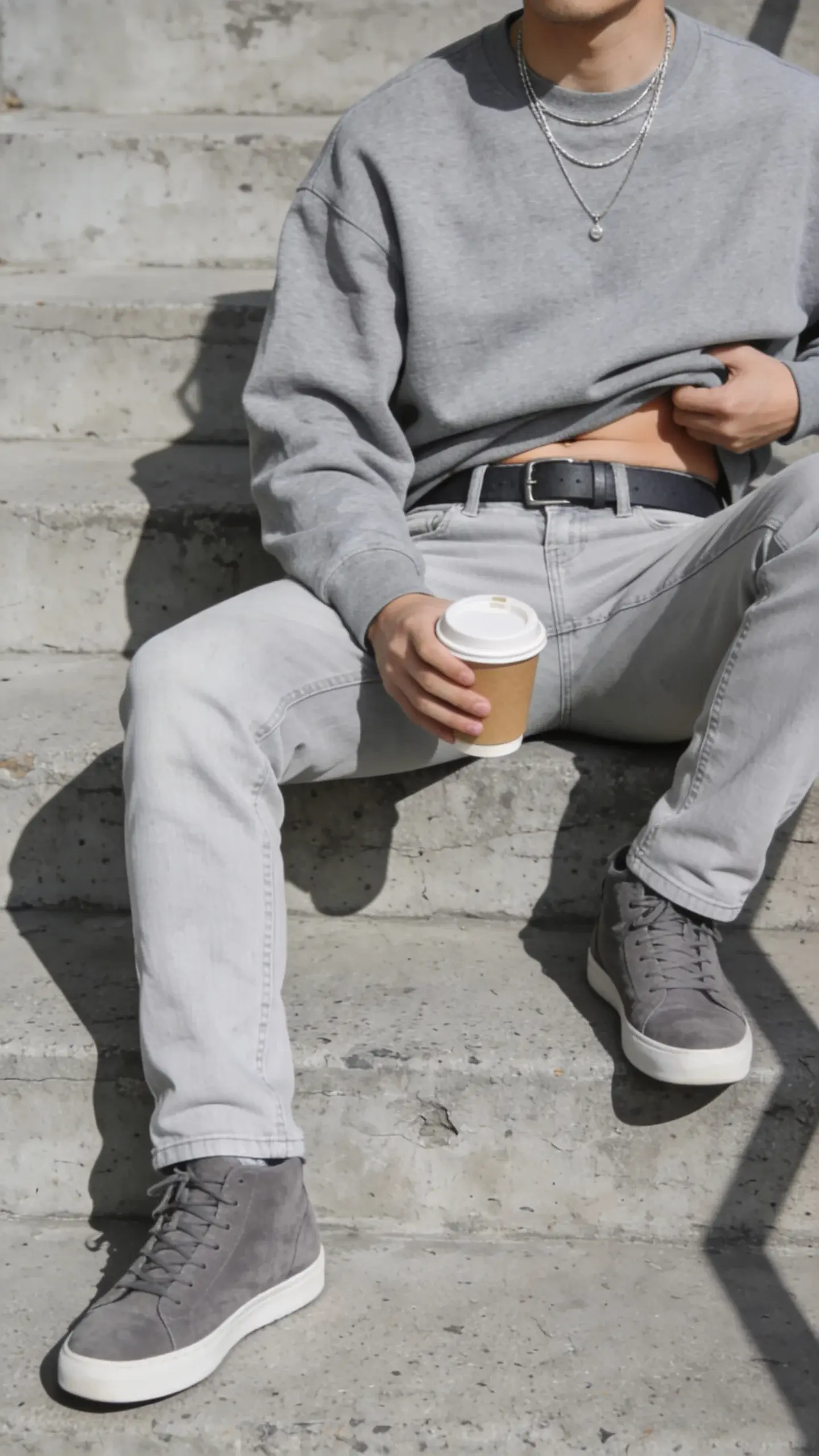 Casual gray-on-gray weekend look: mid-gray crewneck sweatshirt half-tucked into light gray straight-leg jeans, charcoal belt, gray suede low-top sneakers, minimal layered silver necklaces; seated on concrete steps with a takeaway coffee; candid, relaxed vibe.