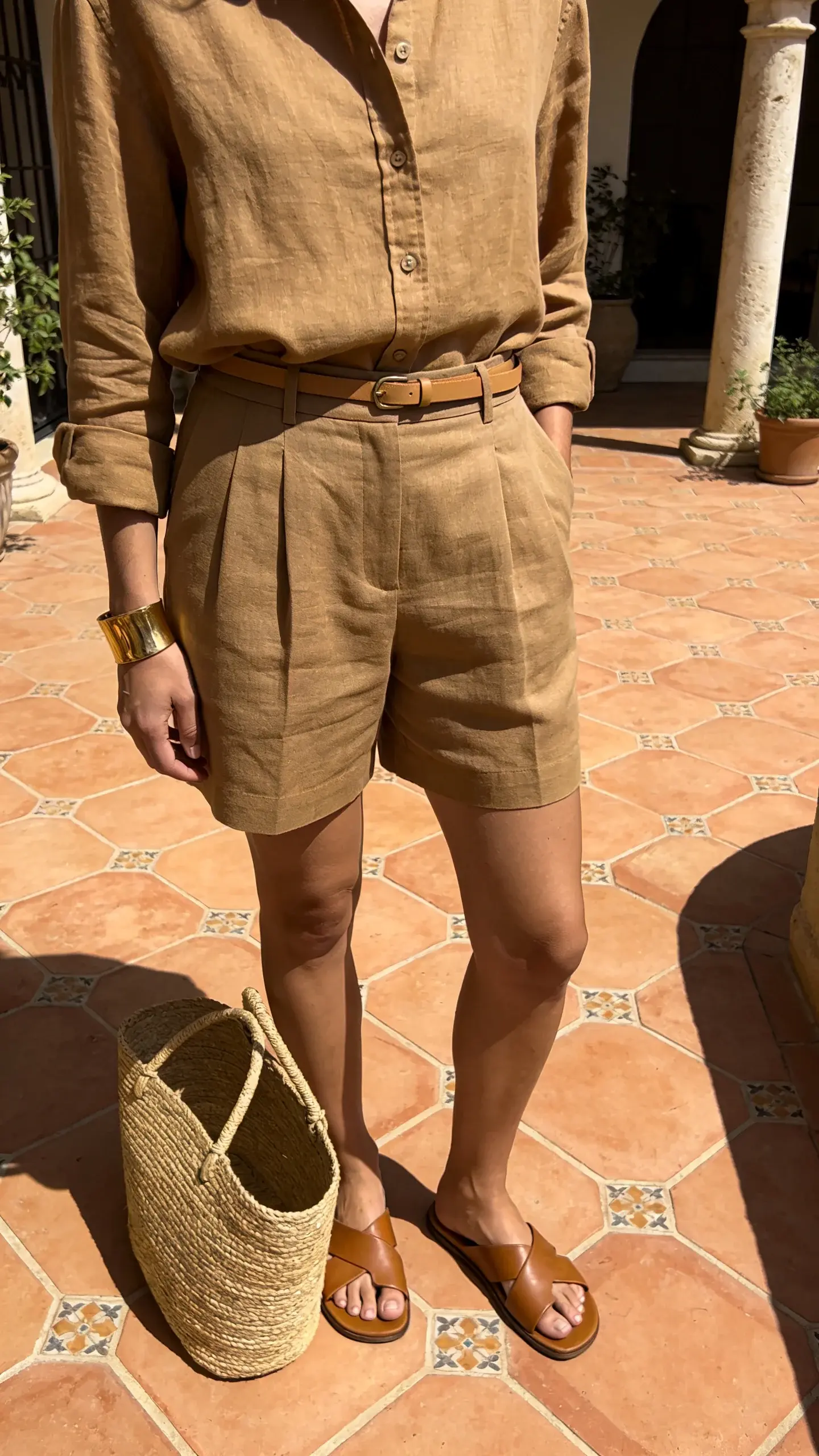 Camel tonal summer outfit: camel linen button-up shirt tucked into camel high-rise tailored shorts, tan leather slide sandals, thin camel belt, gold cuff bracelet; straw tote at feet; sunlit Mediterranean-style courtyard with terracotta tiles.