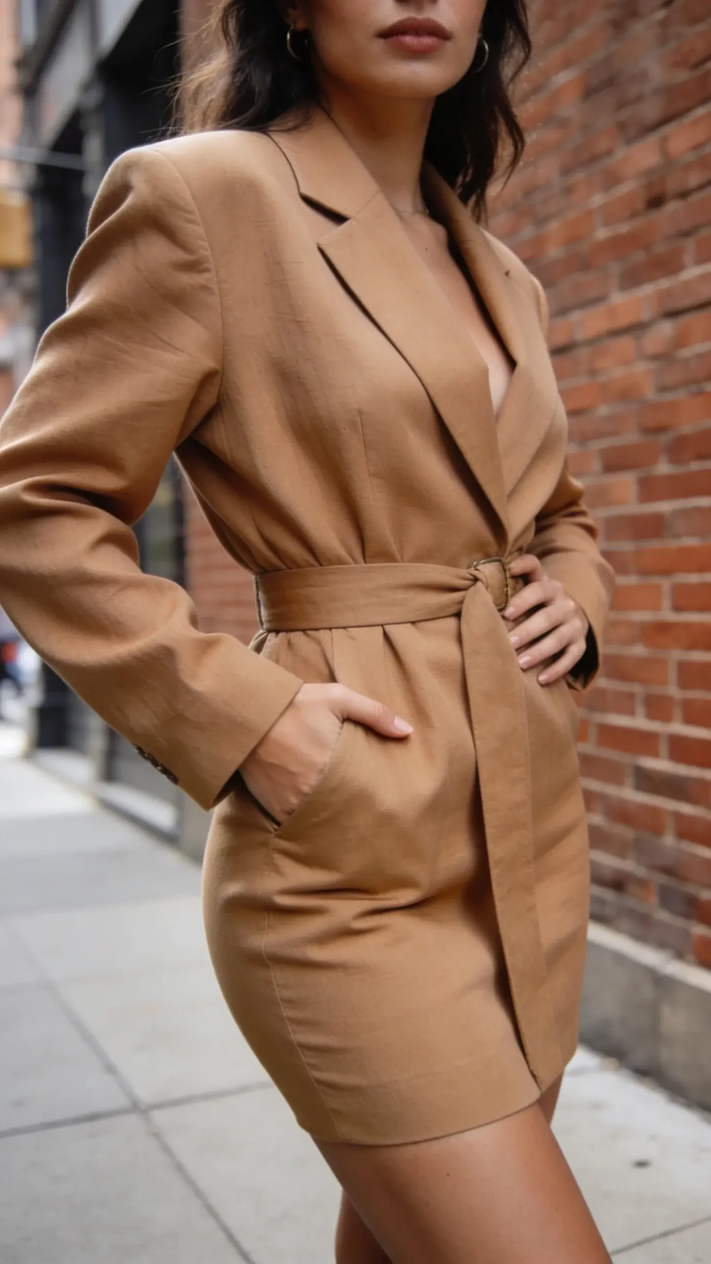 Street-style photo of a woman with a defined hourglass pose wearing a slightly oversized camel blazer belted at the natural waist with a