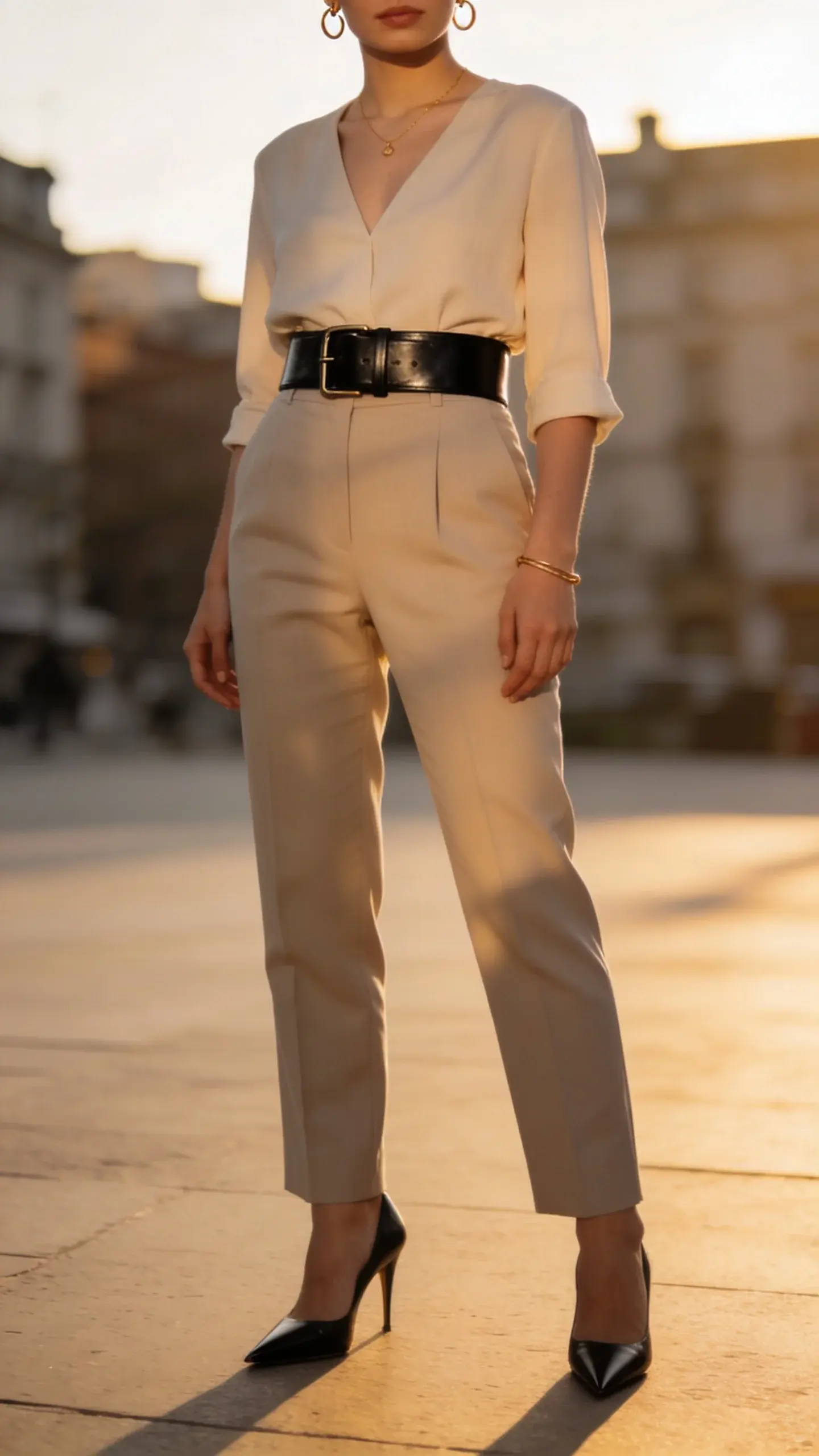 5-inch smooth black leather belt, tailored straight-leg trousers, pointed heels, and minimal gold jewelry; neutral city background, late afternoon soft light, no text.