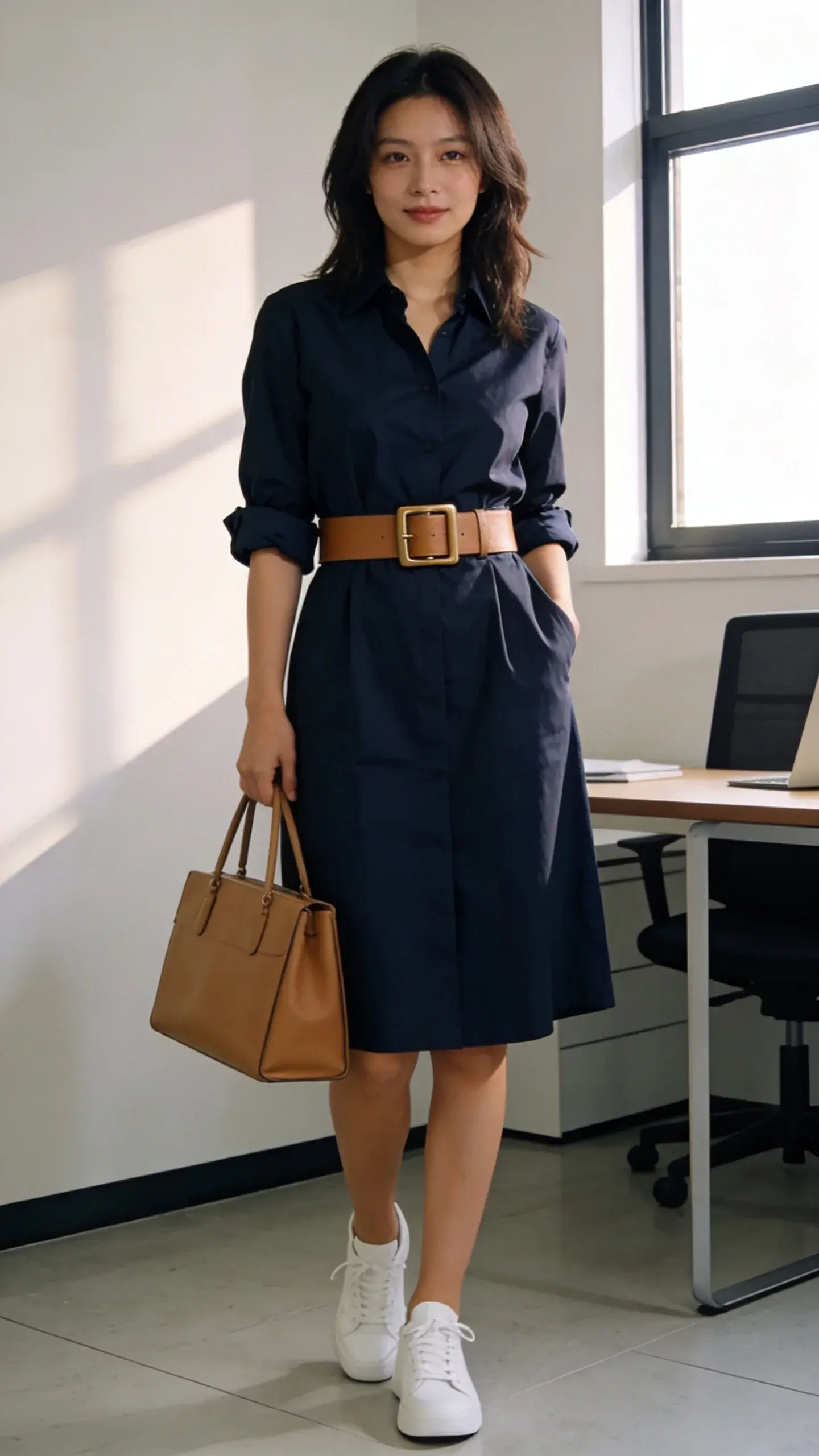 Chic office setting with a navy shirt dress upgraded with a structured tan leather belt (2 inches wide) at the waist, sleeves rolled to the elbow, clean white sneakers, and a structured tote; soft indoor daylight by a window, subtle shadows, no text.