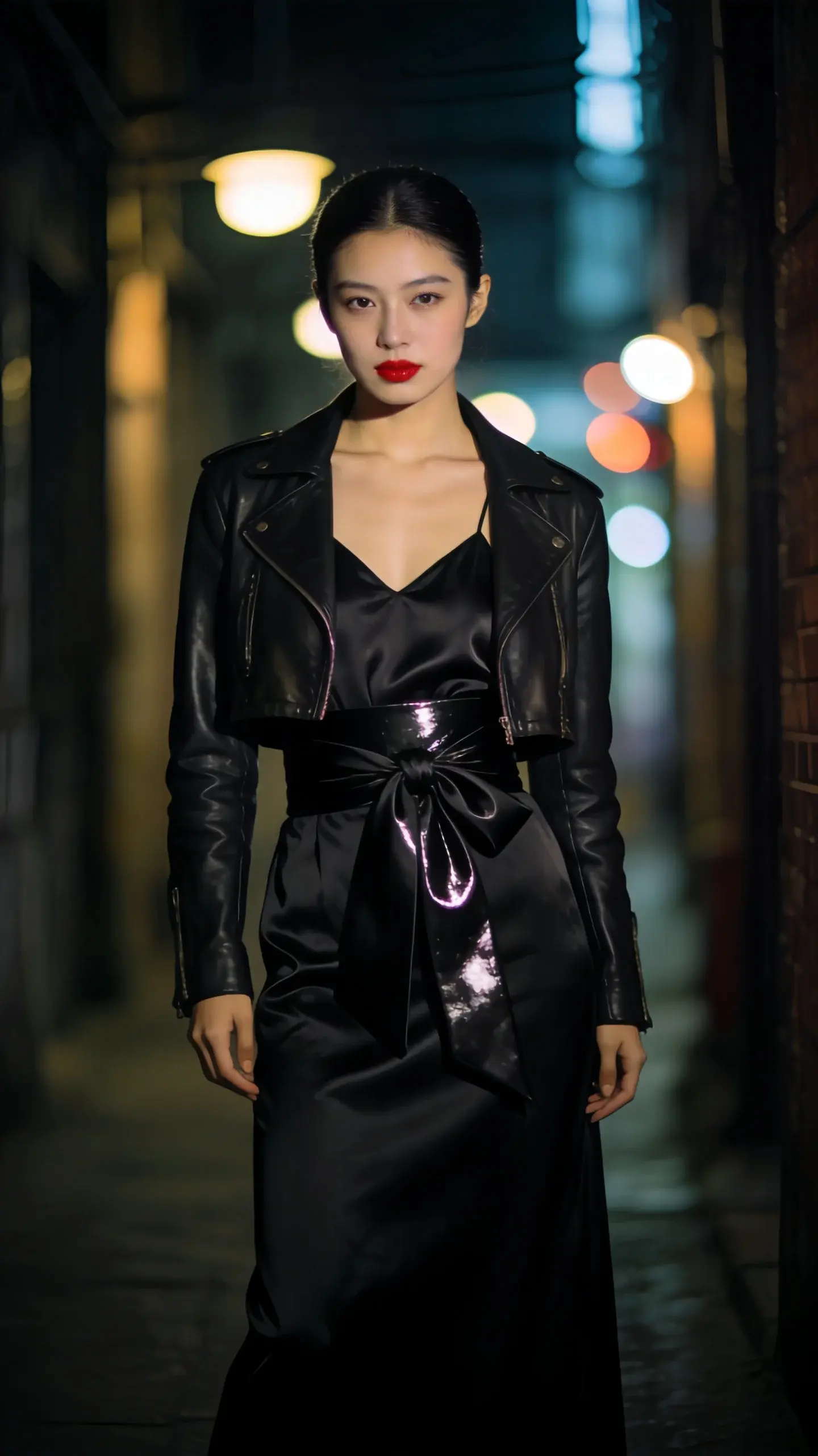 Modern date-night outfit: black satin slip dress layered under a cropped leather moto jacket, waist defined with a glossy obi belt tied in a dramatic knot at the front; dimly lit urban alley with bokeh lights, sleek hair, red lip, no text.
