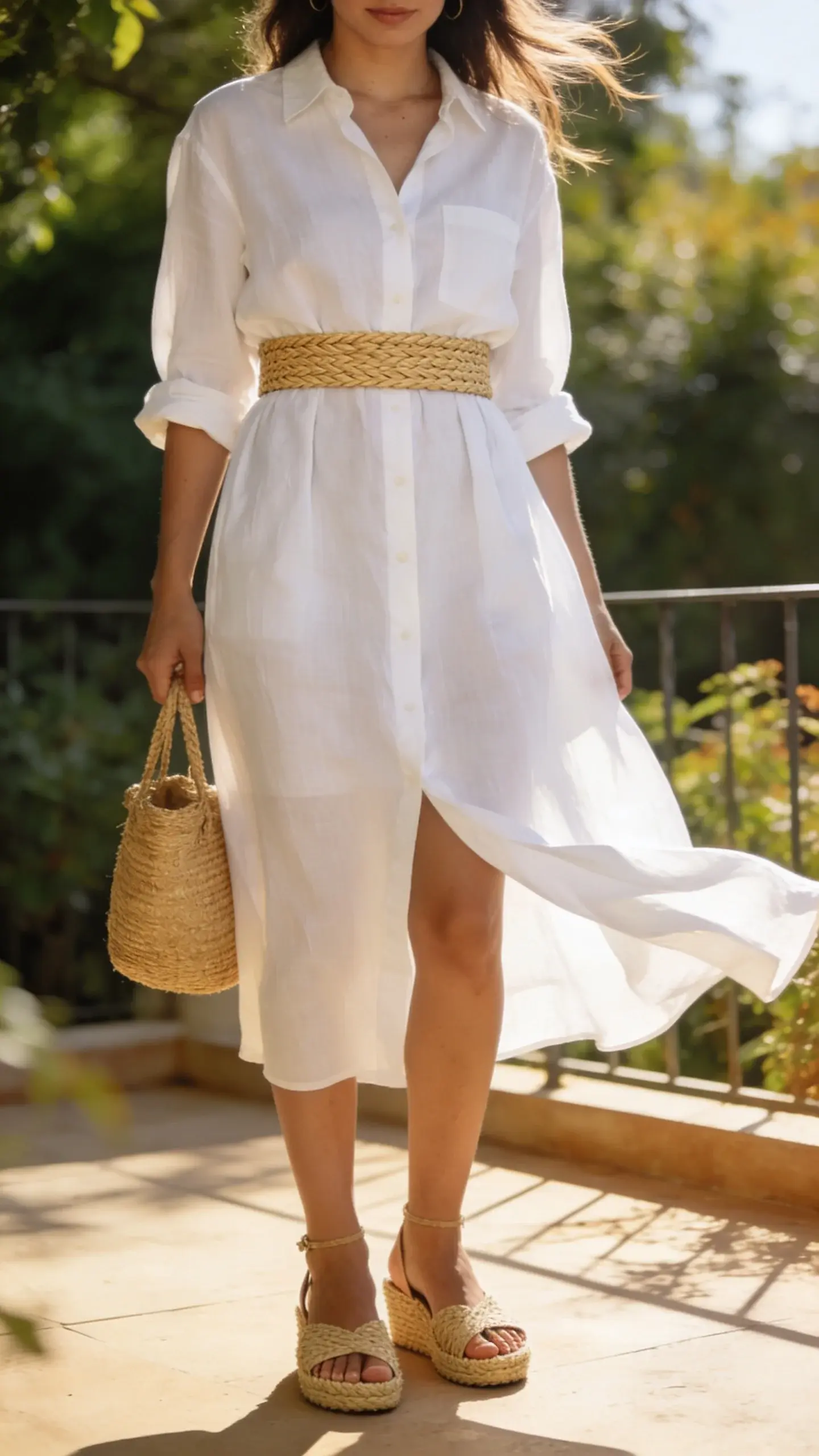 Summer brunch vibe: white cotton poplin shirt dress with a wide woven raffia belt (2 inches) at the waist, espadrille wedges, straw bag; sunlit terrace with greenery, light breeze moving the hem, no text.