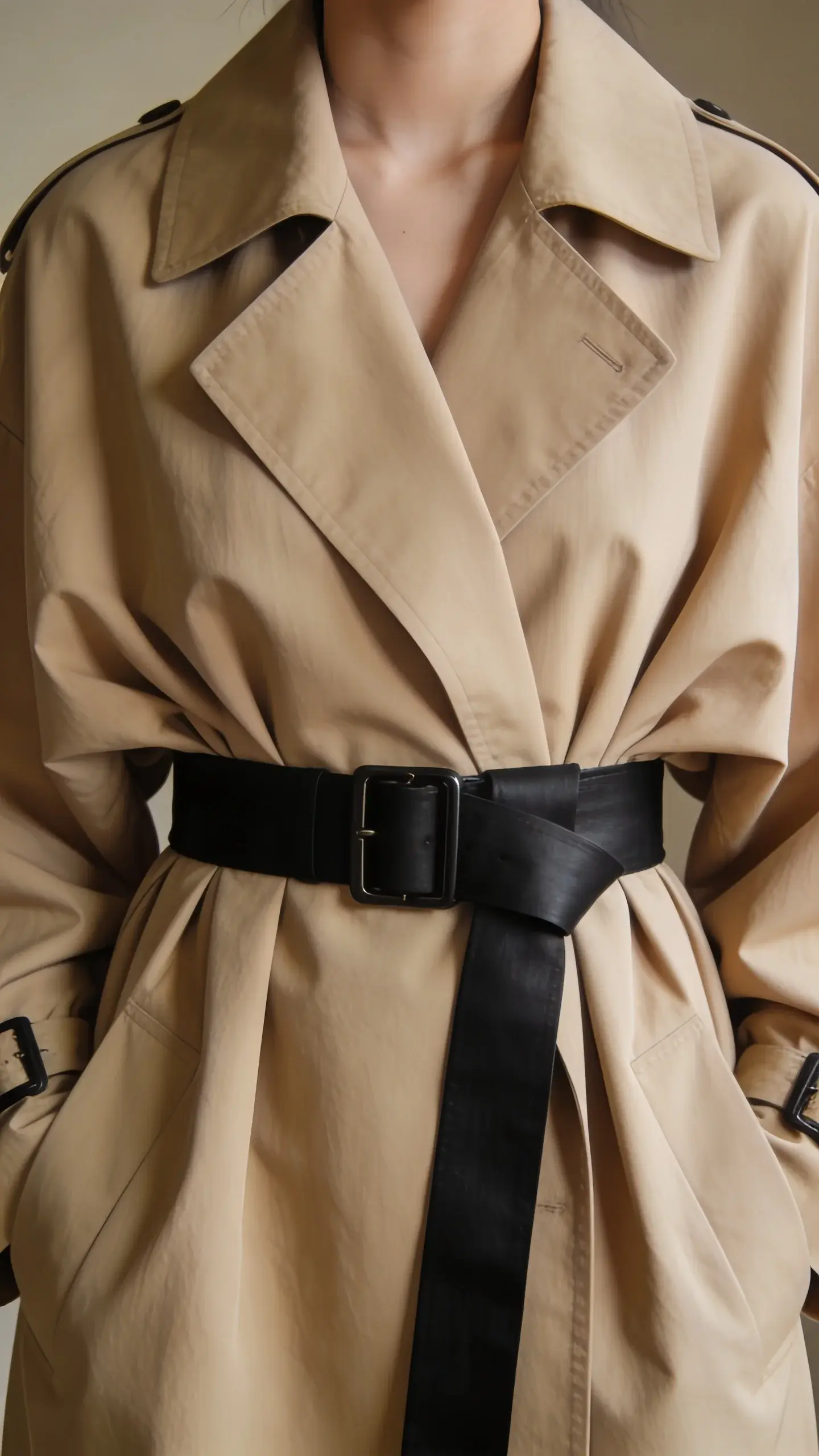 Fashion-forward layering: oversized beige trench coat cinched tight at the waist with a matte black utility belt (