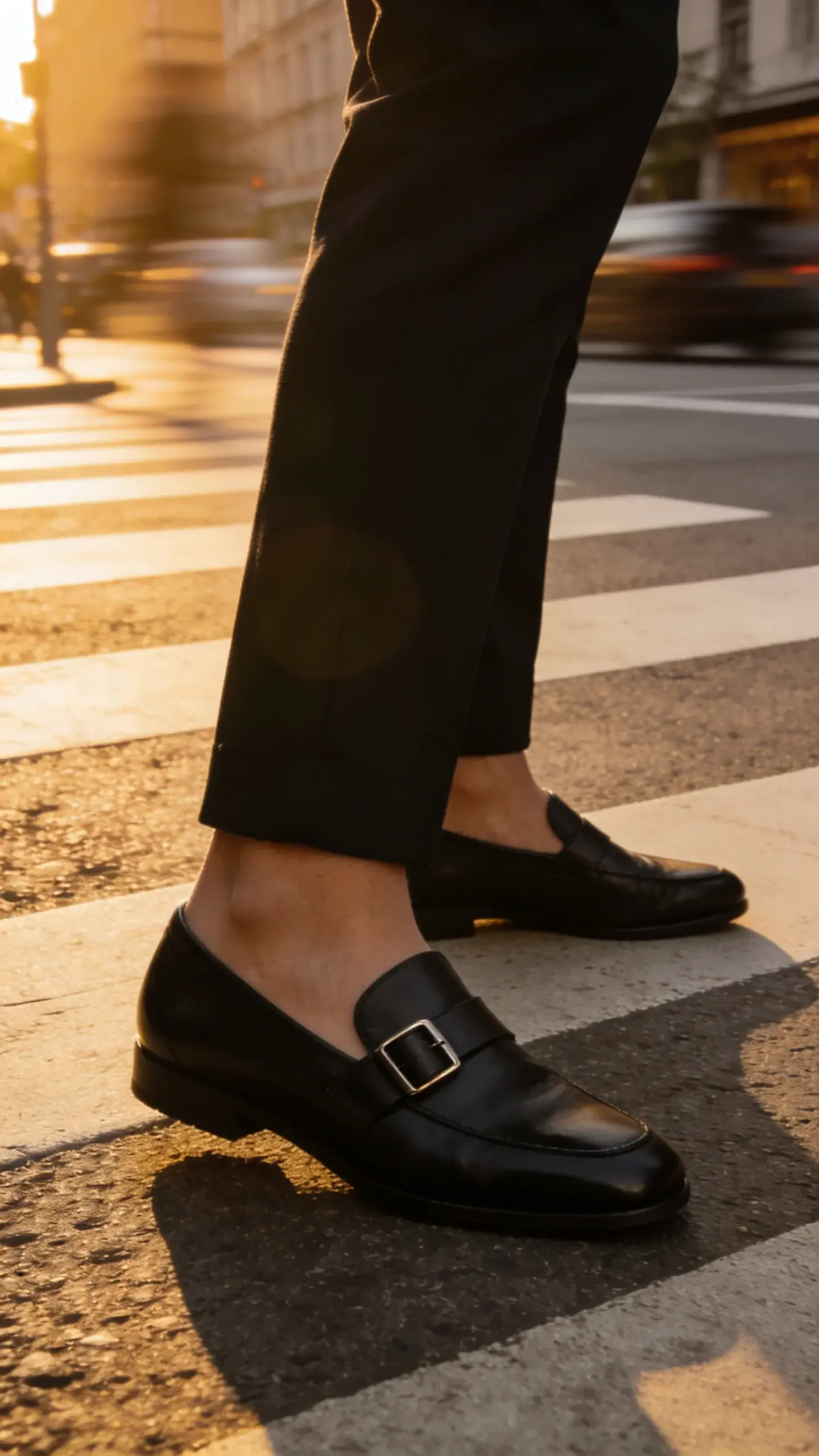 5 inches, minimal buckle), black straight-leg pants, sleek loafers; crosswalk scene with blurred city motion, golden hour glow, no text.